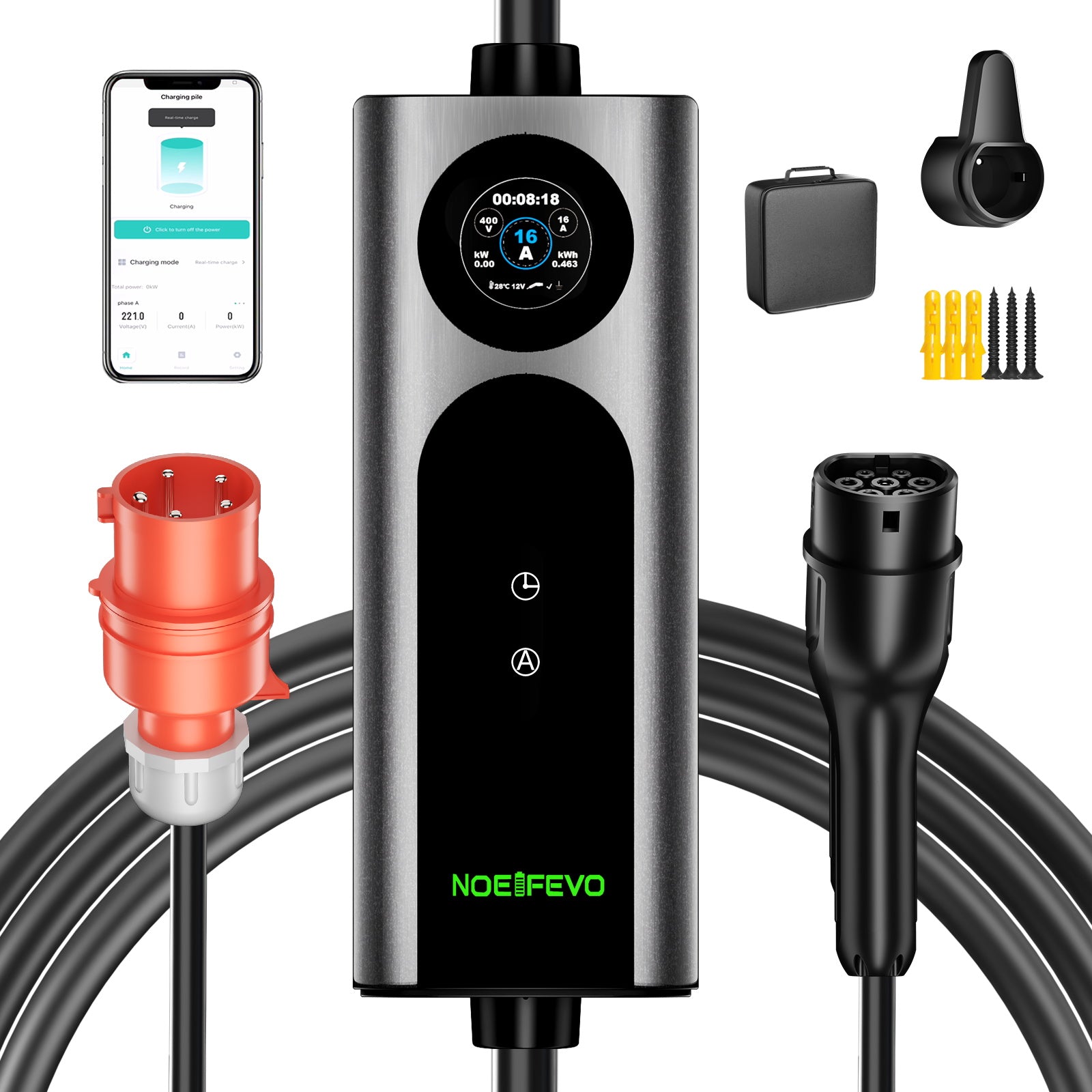 Noeifevo Typ2 Mobile EV Wallbox, 11KW 3-phasig CEE16A Einstellbarer Ladeleistung EV Ladegerät, 5m/10m/15m EV Ladekabel für Model Y/3, ID.3/4/5, MG4, EX30, e-up, e-tron, Zoe und andere EV