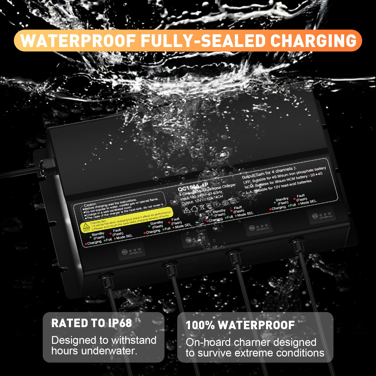 NOEIFEVO 12V 40A 4-Bank (10A/Bank) Universal-Batterieladegerät, 12V wasserdichtes LiFePO4-Lithium-Blei-Säure-Ladegerät für Wohnmobil, Boot, Motorrad, Rasenmäher, Trolling-Motor und Blei-Säure-Batterie