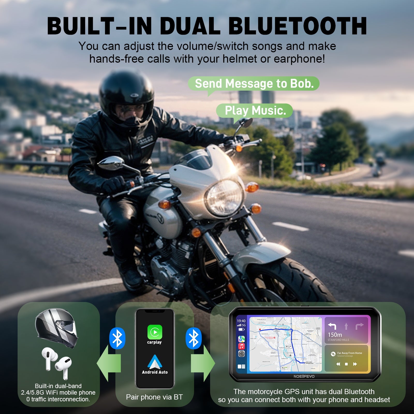 NOEIFEVO MT9B Motorrad-Carplay-Bildschirm mit Toter-Winkel-Erkennungsfunktion, kabelloses CarPlay und Android-Auto, tragbarer wasserdichter 6,3-Zoll-Touchscreen, verbessertes Dual-Bluetooth, Navigation