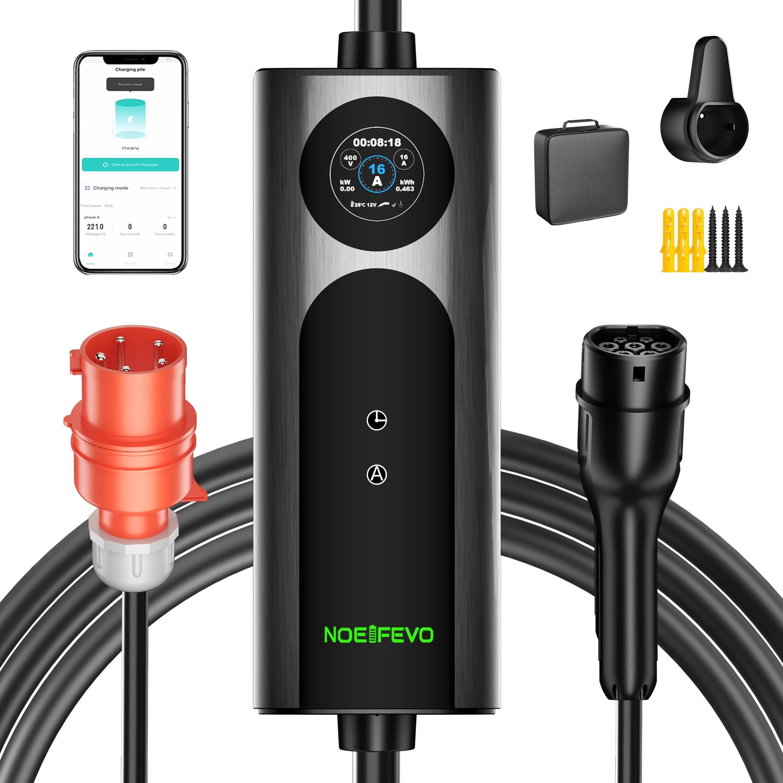 NOEIFEVO Q21W Wlan Mobile Wallbox 11kW mit APP Fernsteuerung ,5m/10m Typ2 CEE16A 3Phase Ladekabel Elektroauto