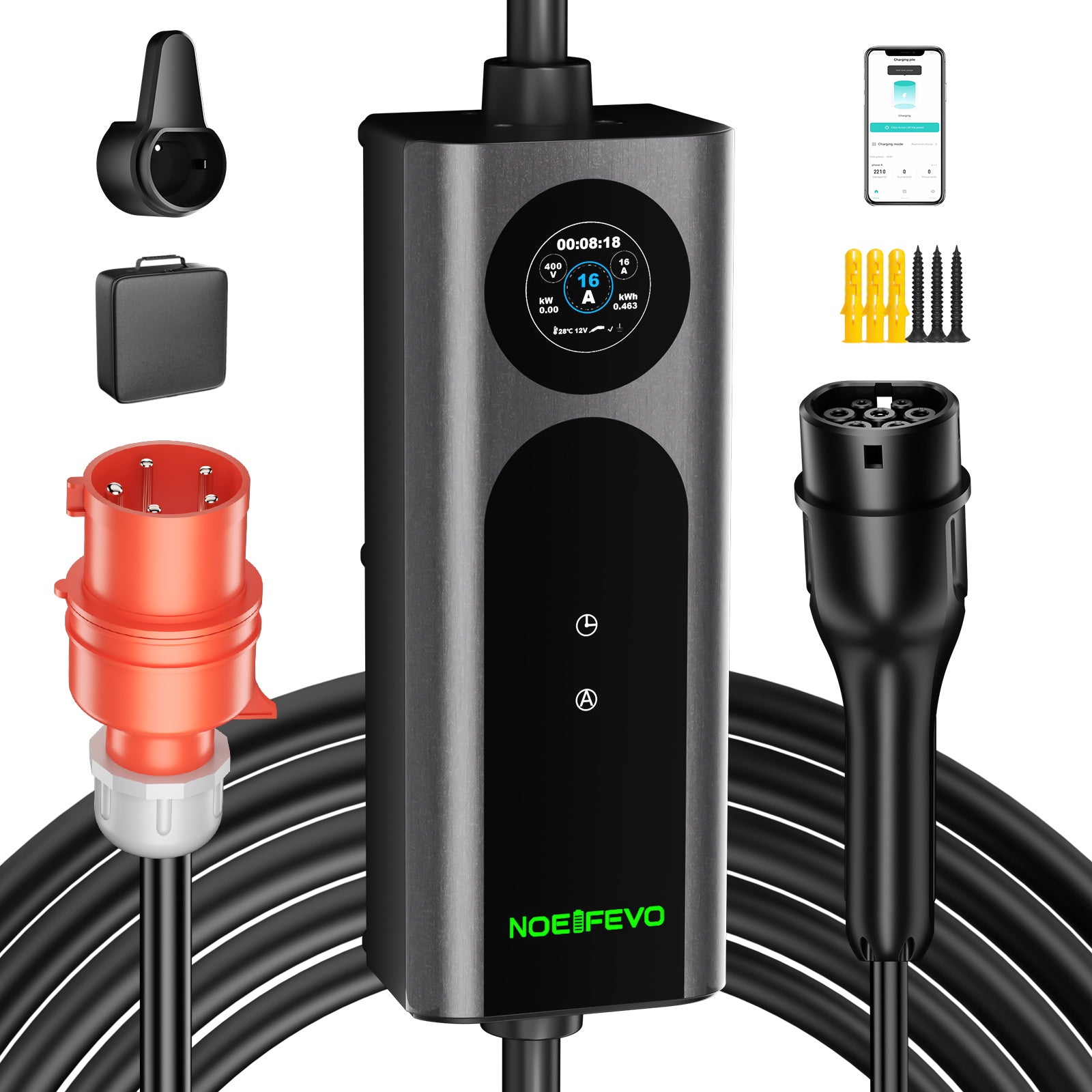Noeifevo Typ2 Mobile EV Wallbox, 11KW 3-phasig CEE16A Einstellbarer Ladeleistung EV Ladegerät, 5m/10m/15m EV Ladekabel für Model Y/3, ID.3/4/5, MG4, EX30, e-up, e-tron, Zoe und andere EV