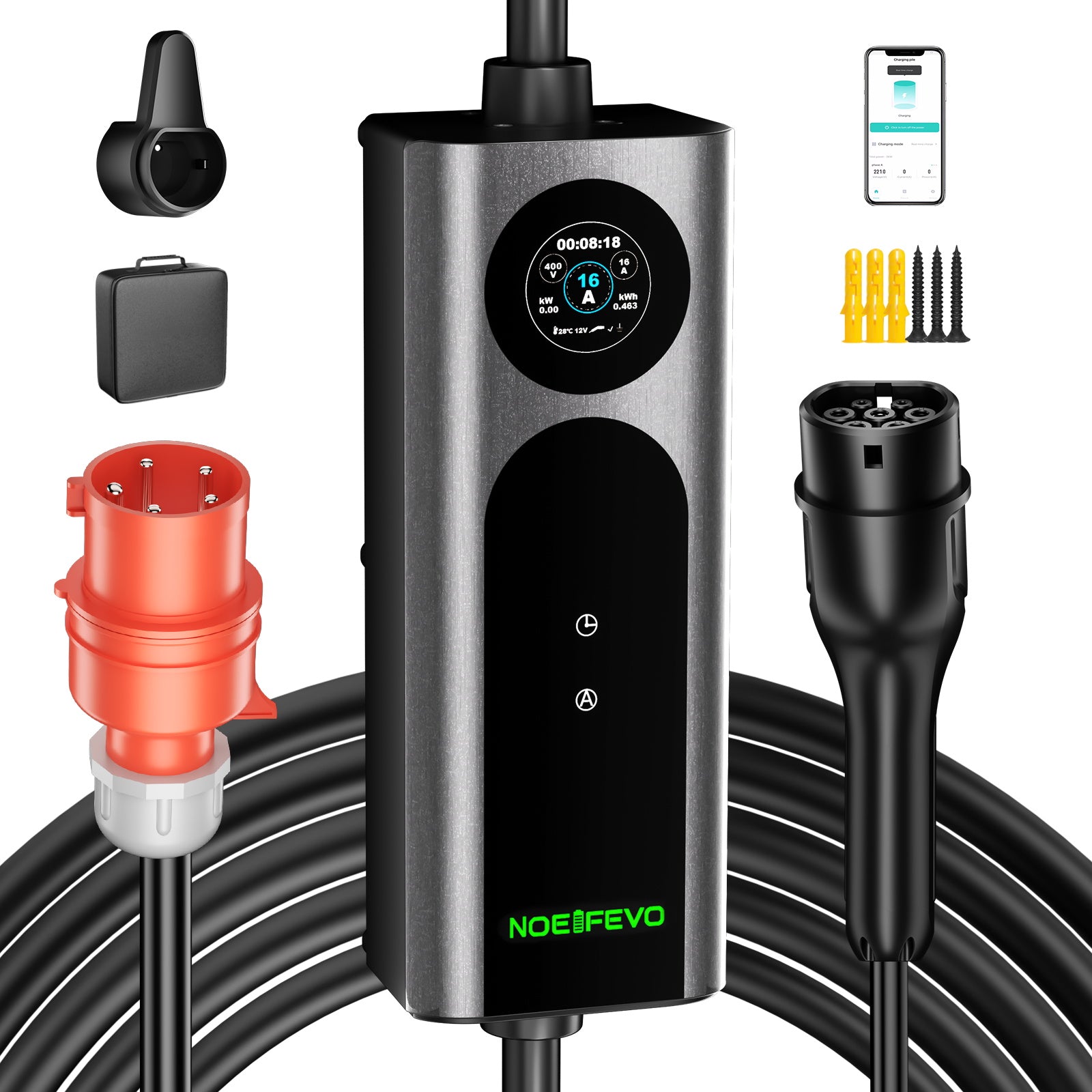 NOEIFEVO Q21W Wlan Mobile Wallbox 11kW mit APP Fernsteuerung ,5m/10m Typ2 CEE16A 3Phase Ladekabel Elektroauto