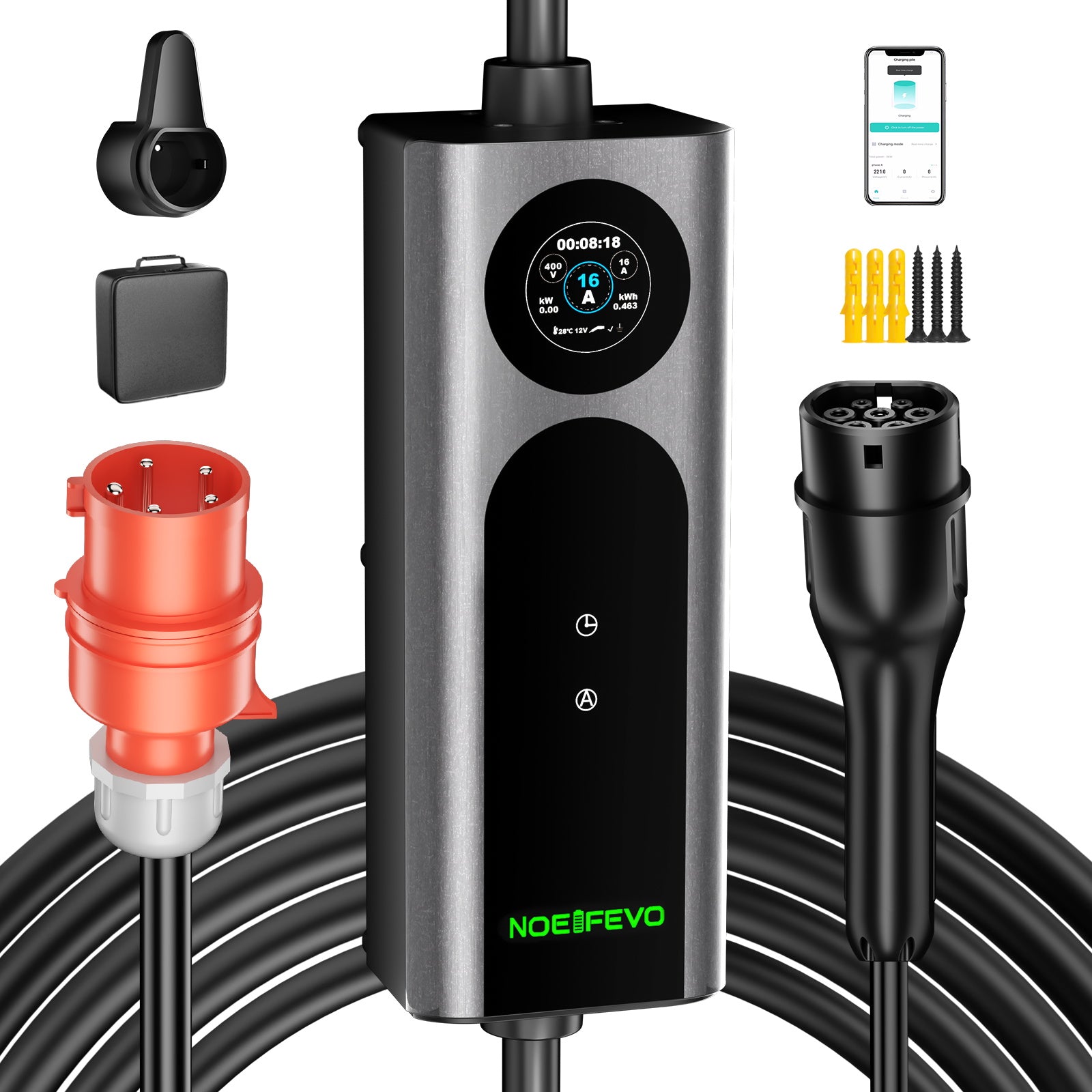 Noeifevo Typ2 Mobile EV Wallbox, 11KW 3-phasig CEE16A Einstellbarer Ladeleistung EV Ladegerät, 5m/10m/15m EV Ladekabel für Model Y/3, ID.3/4/5, MG4, EX30, e-up, e-tron, Zoe und andere EV