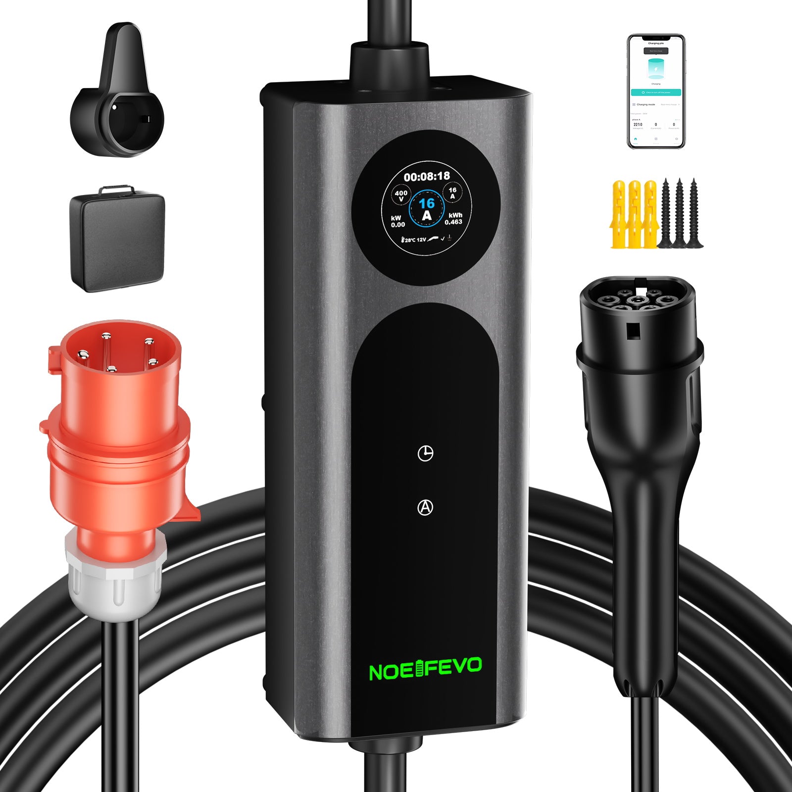 Noeifevo Typ2 Mobile EV Wallbox, 11KW 3-phasig CEE16A Einstellbarer Ladeleistung EV Ladegerät, 5m/10m/15m EV Ladekabel für Model Y/3, ID.3/4/5, MG4, EX30, e-up, e-tron, Zoe und andere EV