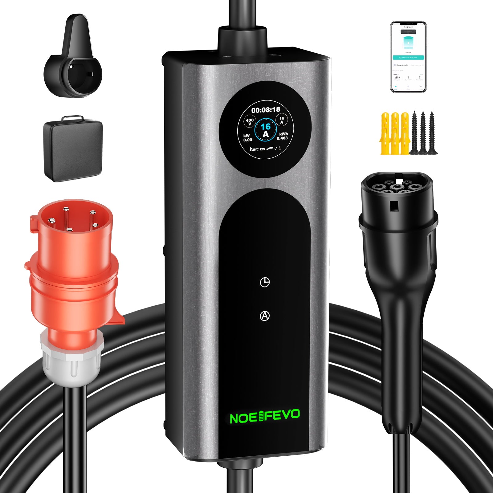 Noeifevo Typ2 Mobile EV Wallbox, 11KW 3-phasig CEE16A Einstellbarer Ladeleistung EV Ladegerät, 5m/10m/15m EV Ladekabel für Model Y/3, ID.3/4/5, MG4, EX30, e-up, e-tron, Zoe und andere EV