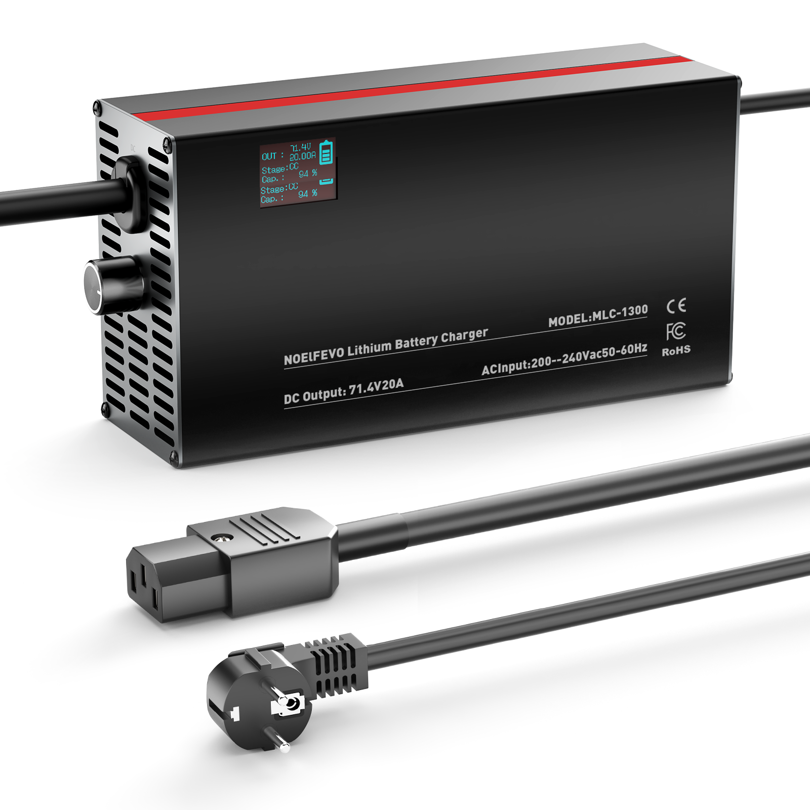 NOEIFEVO 71.4V 2-20A Lithium-Batterieladegerät für 60V 62.9V 17S Lithium-Li-Ionen-Lipo-Batterie, LCD-Anzeige, Strom einstellbar, Ladegerät für E-Bike, Roller, Elektromotorrad