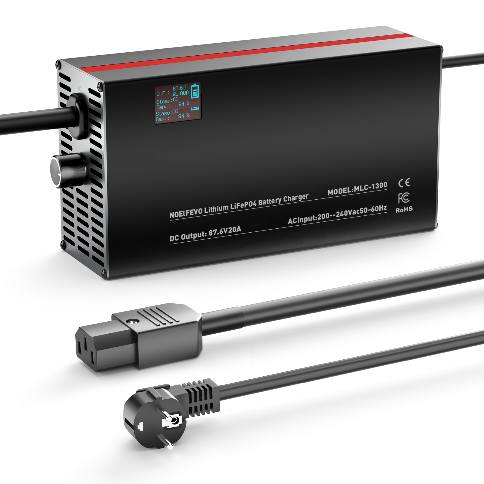 NOEIFEVO 87.6V 2-20A Lithium-LiFePO4-Akkuladegerät für 76.8V 24S LiFePO4-Akku, LCD-Anzeige, Strom einstellbar, Ladegerät für Trolling-Motor, Boot und Wohnmobile