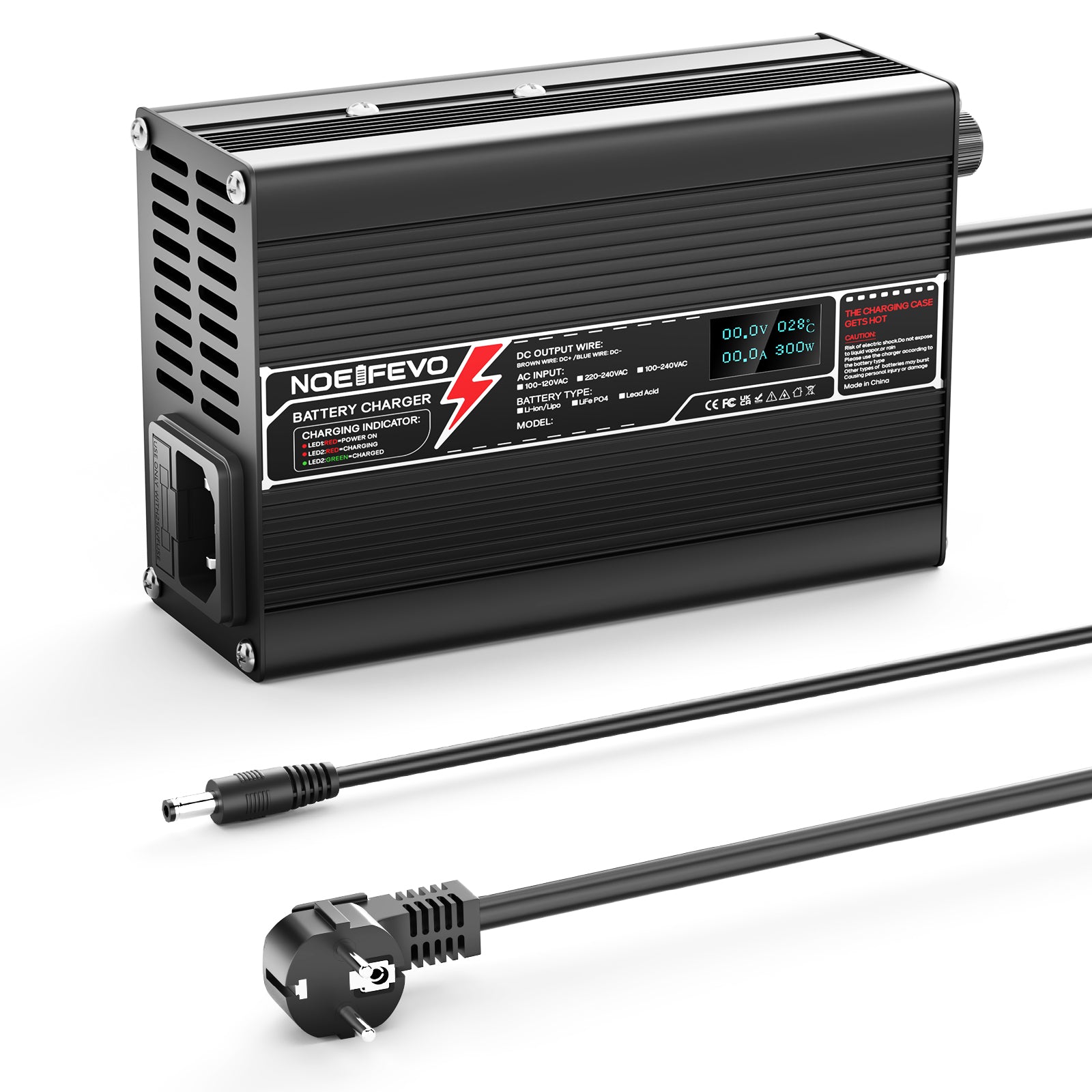 NOEIFEVO 29.2V 2A LiFePO4 Batterie-Ladegerät für 8S 25.6V LiFePO4 Batterie, mit LCD-Anzeige, Kühlventilator, automatischer Abschaltung