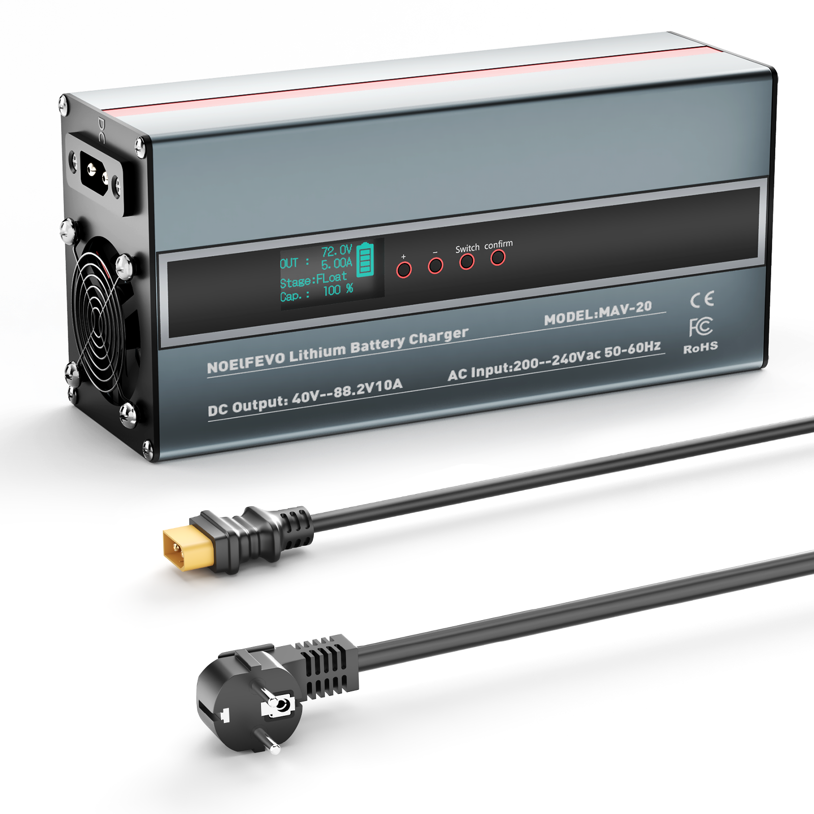 NOEIFEVO 2-10A Strom 42V-88,2V Spannung Einstellbar Li-Ion LiFePO4 Lithium-Ladegerät Für 36V 48V 60V 72V 74V Batterie（2025 Aktualisierte Version）