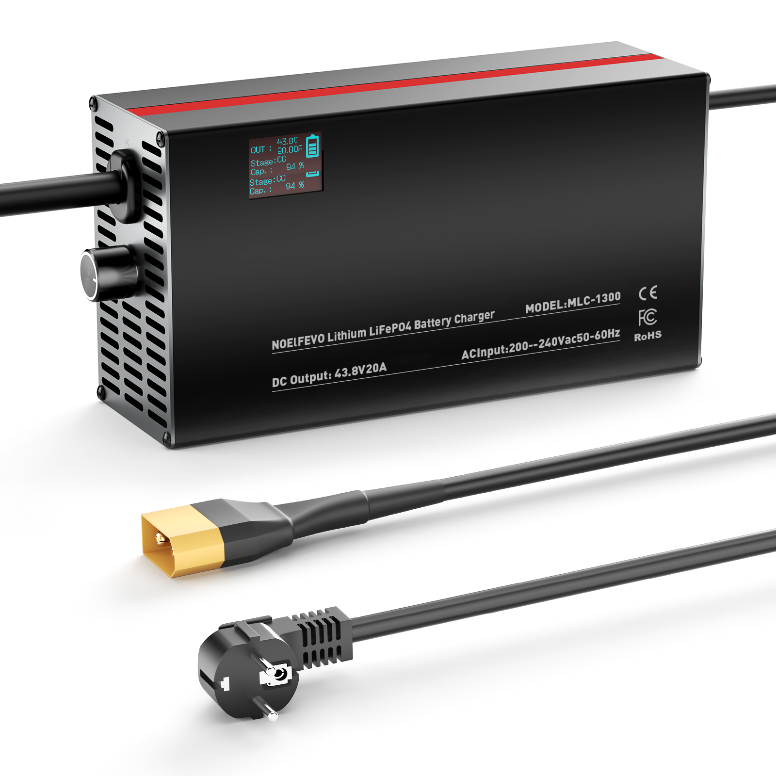 NOEIFEVO 43,8 V 2-20 A Lithium-LiFePO4-Akkuladegerät für 38,4 V 12S LiFePO4-Akku, LCD-Anzeige, Strom einstellbar, Ladegerät für Golfwagen, Trolling-Motor, Boot und Wohnmobile