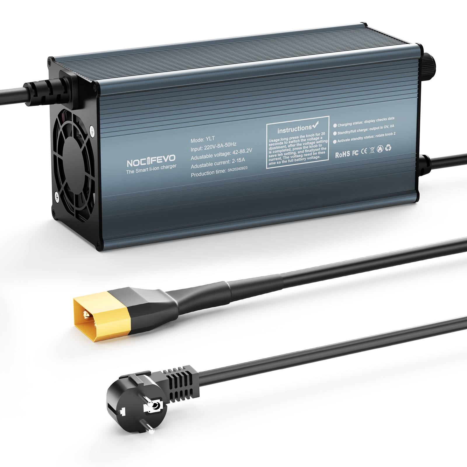 NOEIFEVO 2-15A Strom 42V-88,2V Spannung Einstellbar Li-Ion LiFePO4 Lithium-Ladegerät Für 36V 48V 60V 72V 84V Batterie