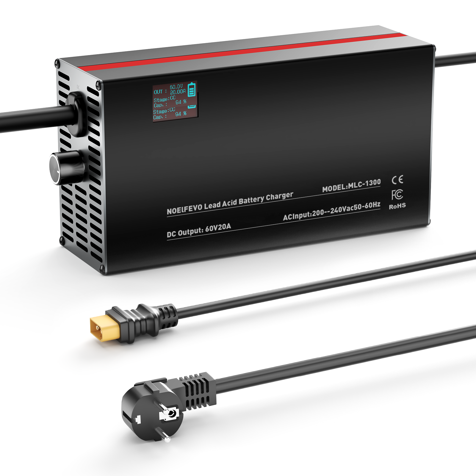 NOEIFEVO 48V 2A-20A Strom Einstellbares Batterieladegerät für Blei-Säure-Batterien, AGM, Gel, Golfwagen-Batterieladegerät, LED-Anzeige