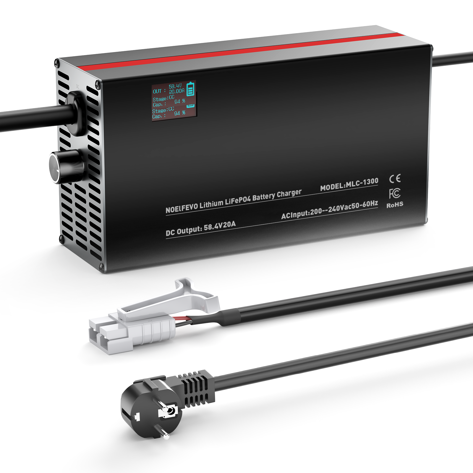 NOEIFEVO 58.4V 2-20A Lithium-LiFePO4-Akkuladegerät für 51.2V 16S LiFePO4-Akku, LCD-Anzeige, Strom einstellbar, Ladegerät für Golfwagen, Trolling-Motor, Boot und Wohnmobile