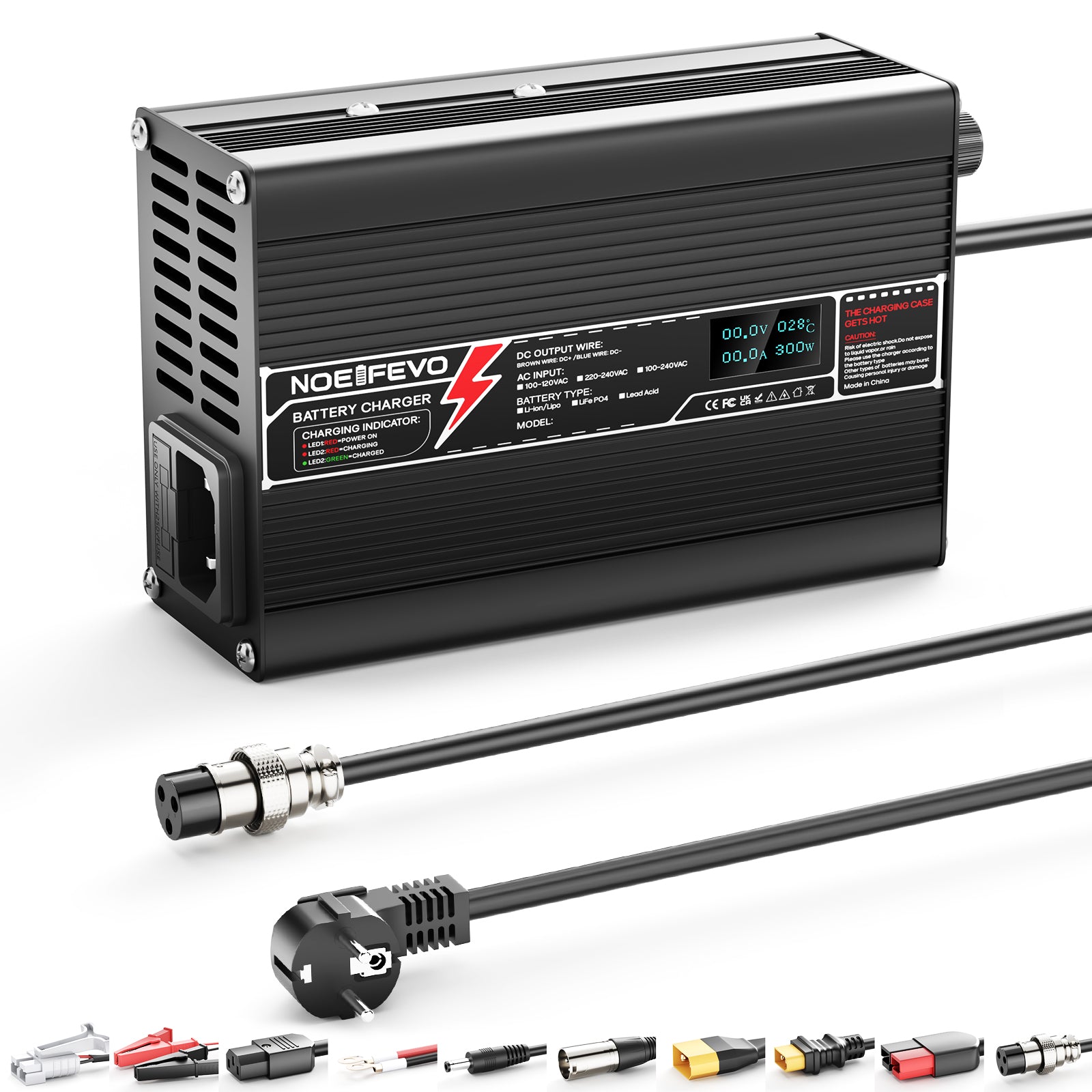 NOEIFEVO 58.4V 2A LiFePO4 Batterie-Ladegerät für 16S 48V 51.2V LiFePO4 Batterie, mit LCD-Anzeige, Kühlventilator, automatischer Abschaltung