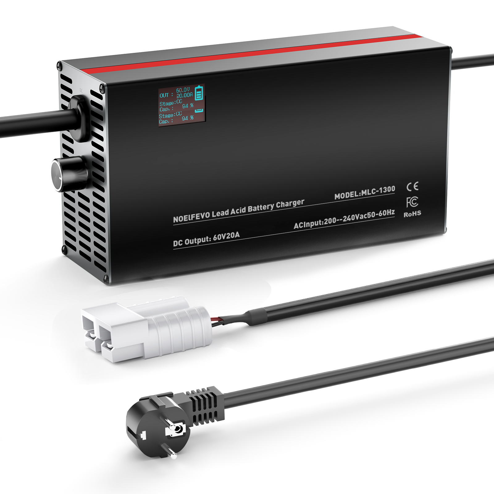 NOEIFEVO 60V 2A-20A Strom Einstellbares Batterieladegerät für Blei-Säure-Batterien, AGM, Gel, Golfwagen-Batterieladegerät, LED-Anzeige