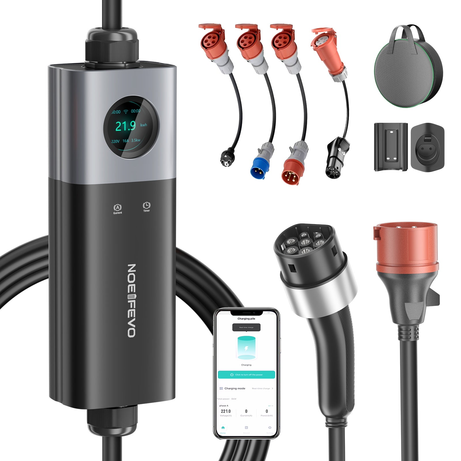 NOEIFEVO Master Traveller EV Wallbox 11kW mit App, Mobile Ladestation 3-Phasen 400V (6-16A einstellbar), 5m/10m Type 2 Ladekabel mit EU-Reiseadapter (CEE32/CEE16A/Schuko/Type2 Stecker), IP65 wasserdicht, RCD B Schutz Ladegerät