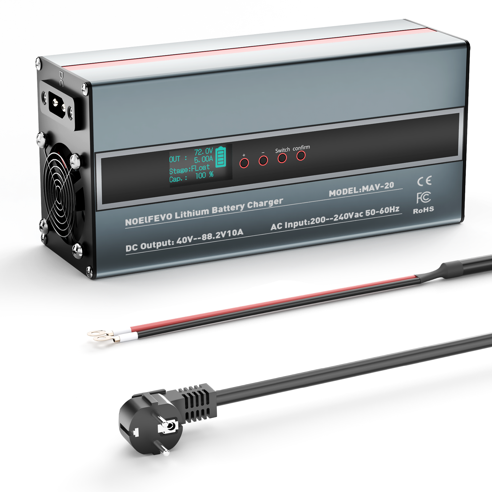 NOEIFEVO 2-10A Strom 42V-88,2V Spannung Einstellbar Li-Ion LiFePO4 Lithium-Ladegerät Für 36V 48V 60V 72V 74V Batterie（2025 Aktualisierte Version）
