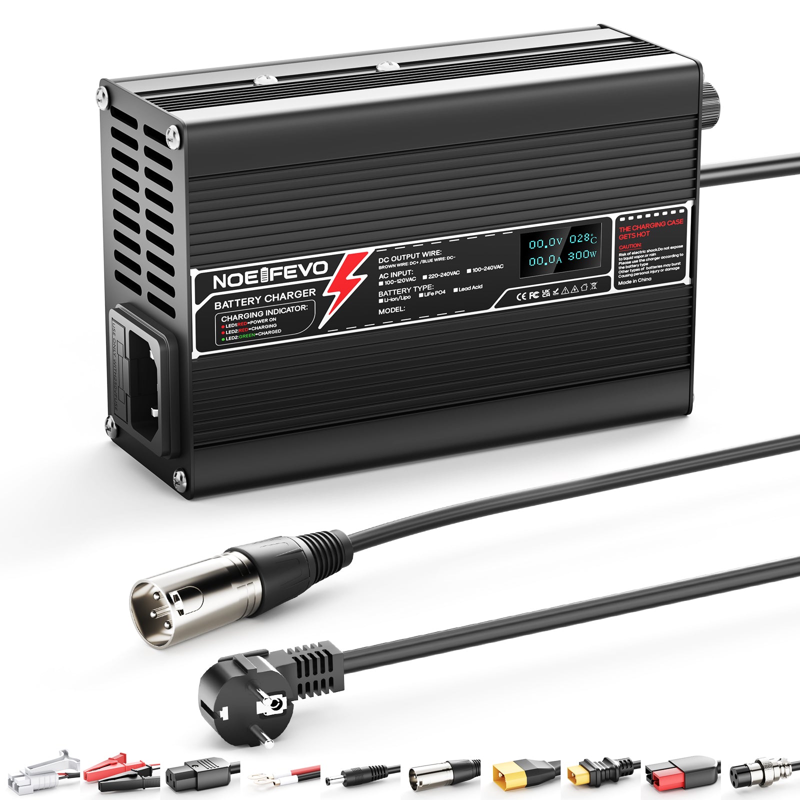 NOEIFEVO 58.4V 2A LiFePO4 Batterie-Ladegerät für 16S 48V 51.2V LiFePO4 Batterie, mit LCD-Anzeige, Kühlventilator, automatischer Abschaltung