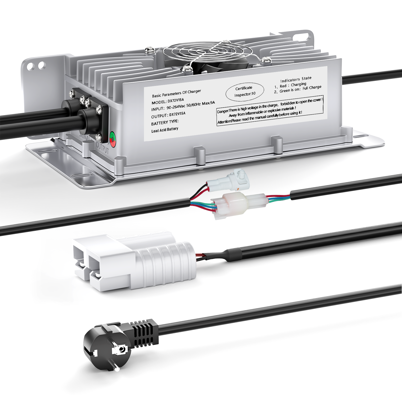 72V 15A Blei-Säure-Batterieladegerät, IP65 wasserdicht, mit Sicherungs-/Verriegelungskabel für Hubwagen, Bodenreinigungsmaschinen, Golfcarts und Gabelstapler