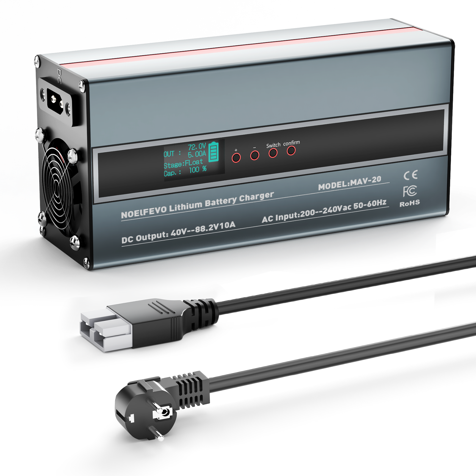 NOEIFEVO 2-10A Strom 42V-88,2V Spannung Einstellbar Li-Ion LiFePO4 Lithium-Ladegerät Für 36V 48V 60V 72V 74V Batterie（2025 Aktualisierte Version）