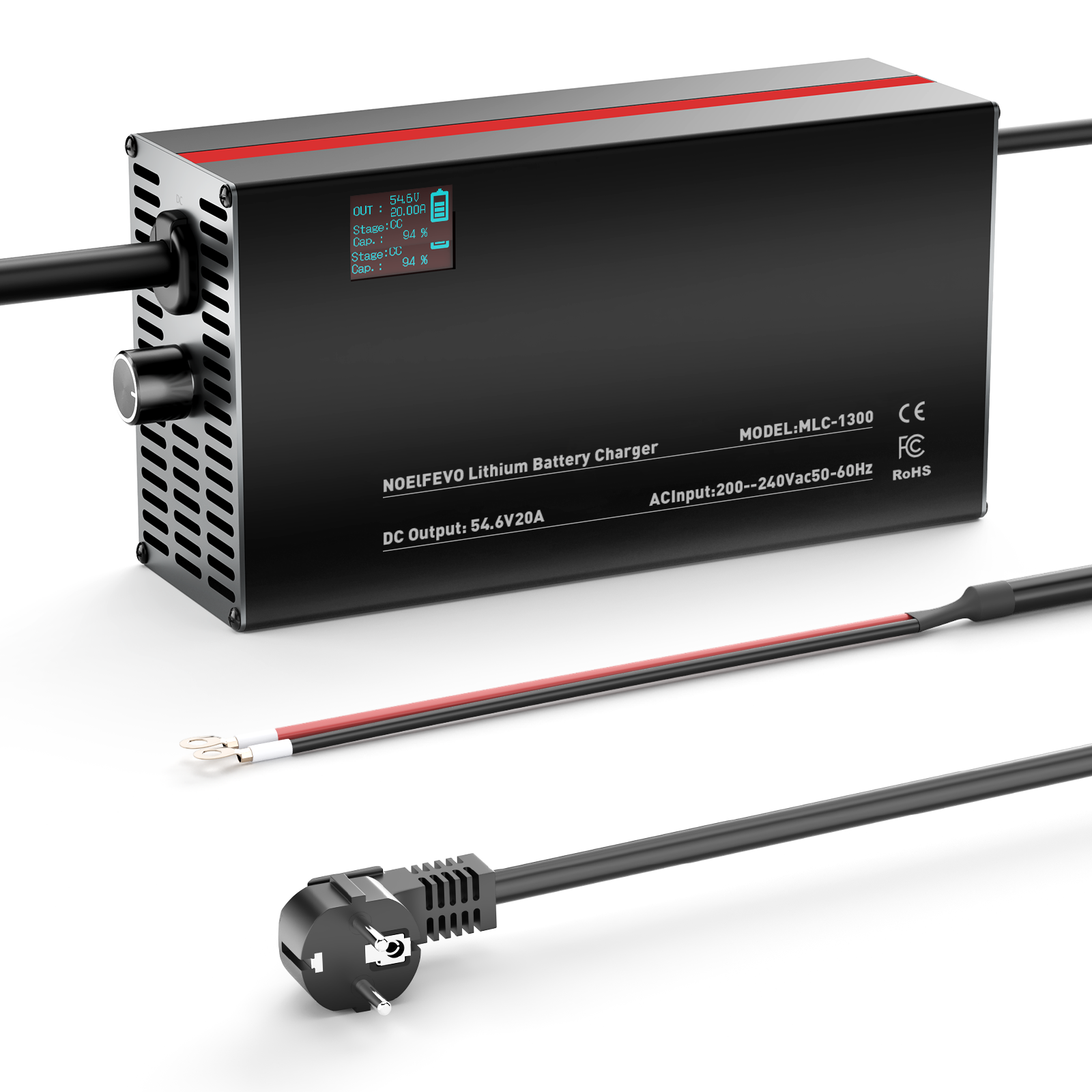 NOEIFEVO 54,6V 2-20A Lithium-Batterieladegerät für 48V 13S Lithium-Li-Ionen-Lipo-Batterie, LCD-Anzeige, Strom einstellbar, Ladegerät für E-Bike, Roller, Elektromotorrad