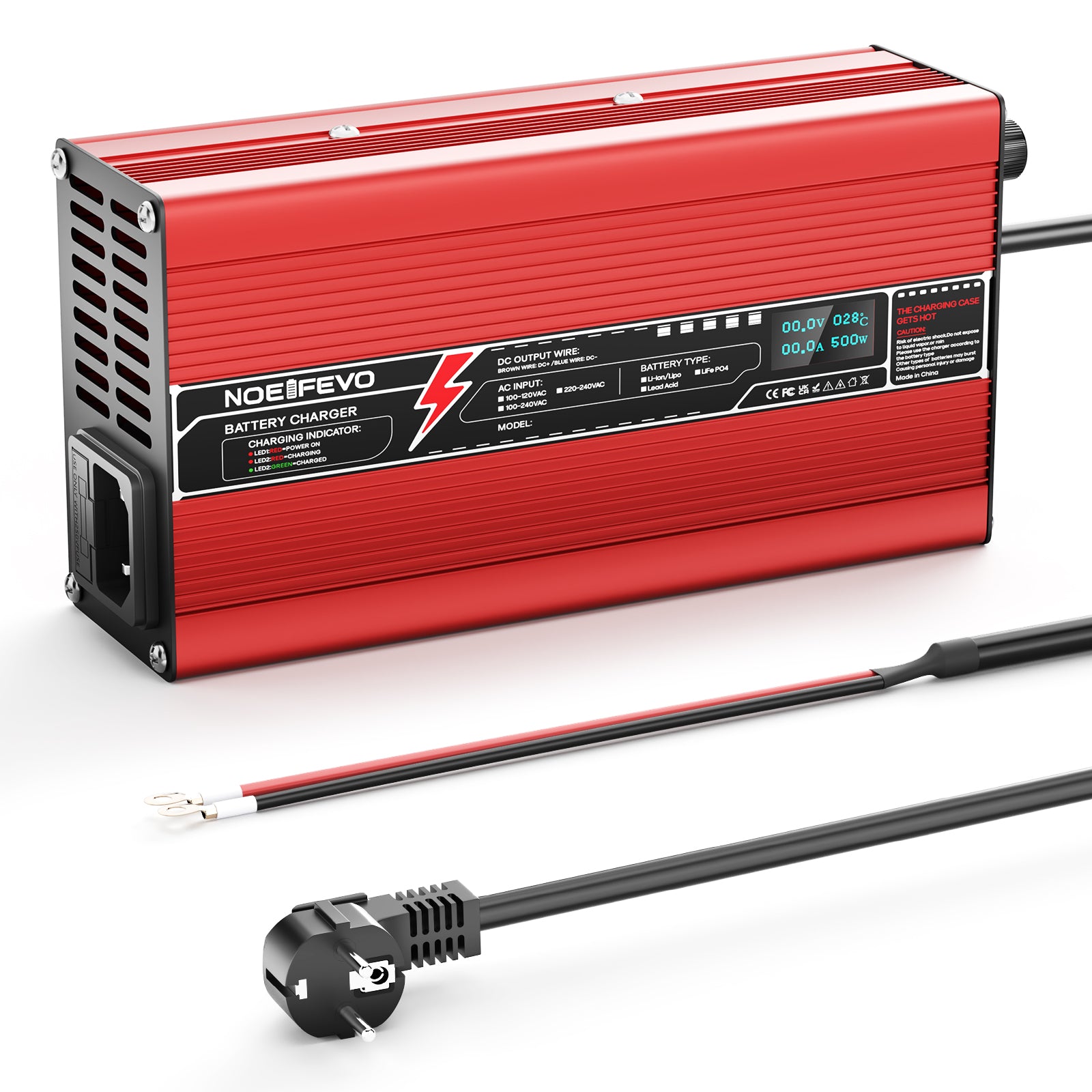 NOEIFEVO 60V 6A Blei-Säure-Batterieladegerät, Ladespannung 69V-73.5V, automatische Abschaltung, OLED-Display, Aluminiumgehäuse, mit Lüfter