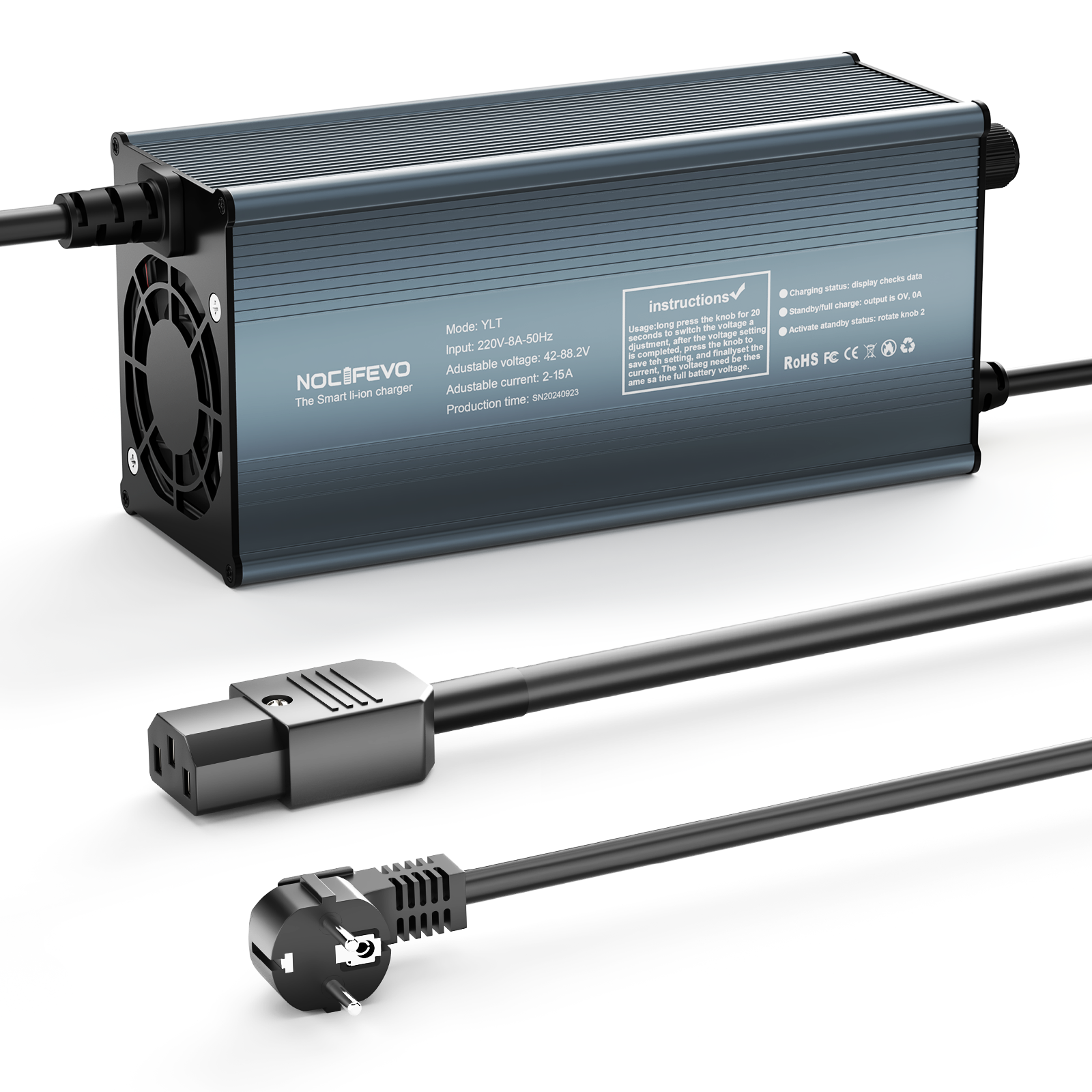 NOEIFEVO 2-15A Strom 42V-88,2V Spannung Einstellbar Li-Ion LiFePO4 Lithium-Ladegerät Für 36V 48V 60V 72V 84V Batterie