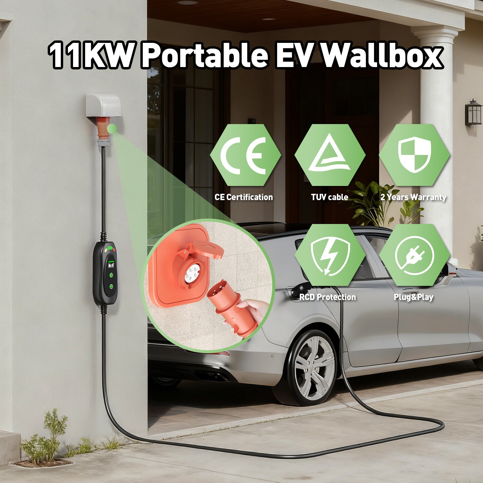 NOEIFEVO 11kW 3-Phasen Typ2 Mobile Wallbox mit EU-Reiseadapter (CEE32/CEE16A/Schuko/Type2 Stecker), 6-16 A Einstellbarer Ladestrom, 1-10 Stunden Verzögerungs-Ladung, CEE 16A auf Typ2 Tragbarer EV-Ladegerät Für alle Typ2 EV & PHEV