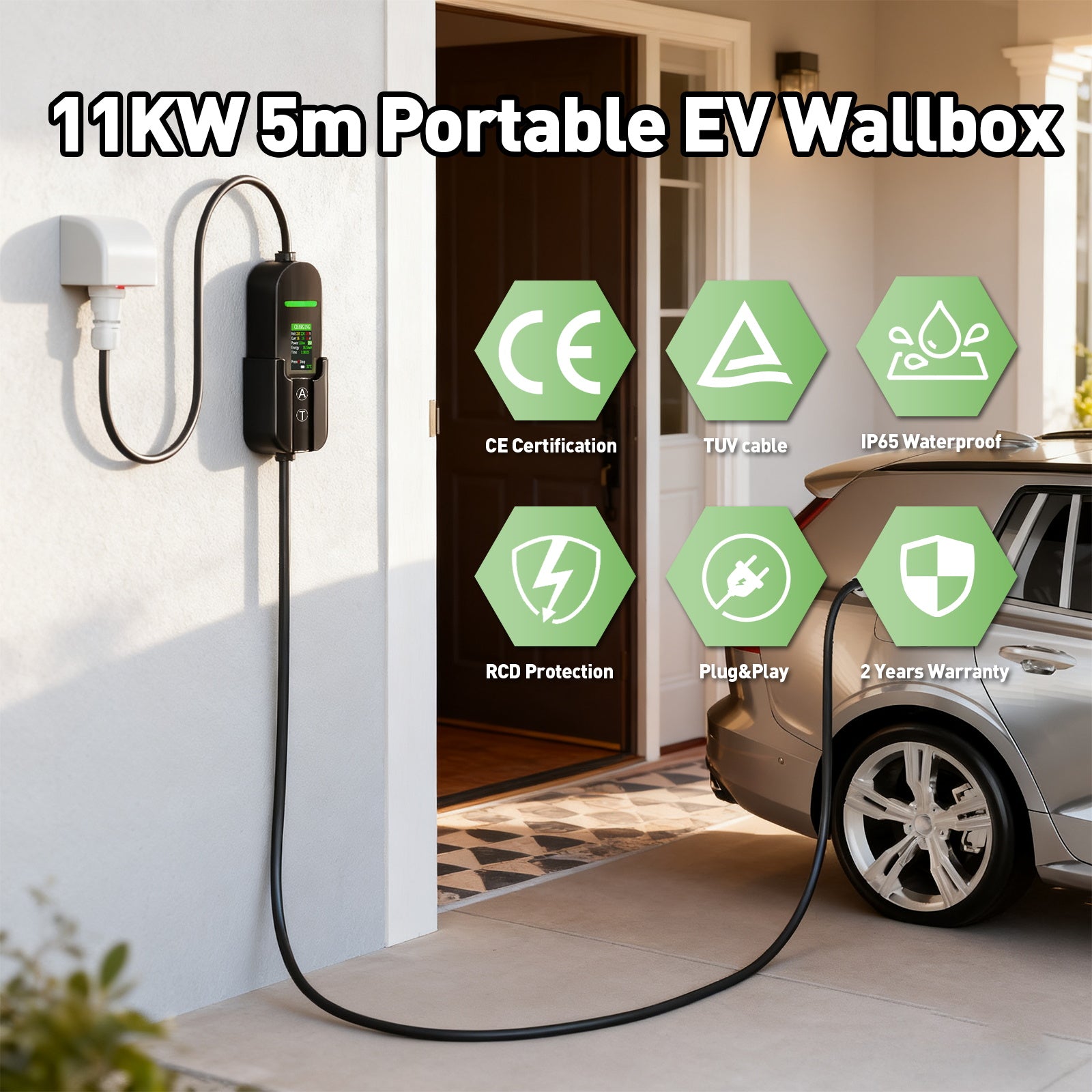 NOEIFEVO Typ2 Mobile Wallbox/Ladestation 11 kW 3-Phasen, 8-16 A Einstellbarer Ladestrom, 1-12 Stunden Verzögerungs-Ladung, CEE 16A auf Typ2 Tragbarer EV-Ladegerät mit 5m Ladekabel, Für alle Typ2 EV & PHEV