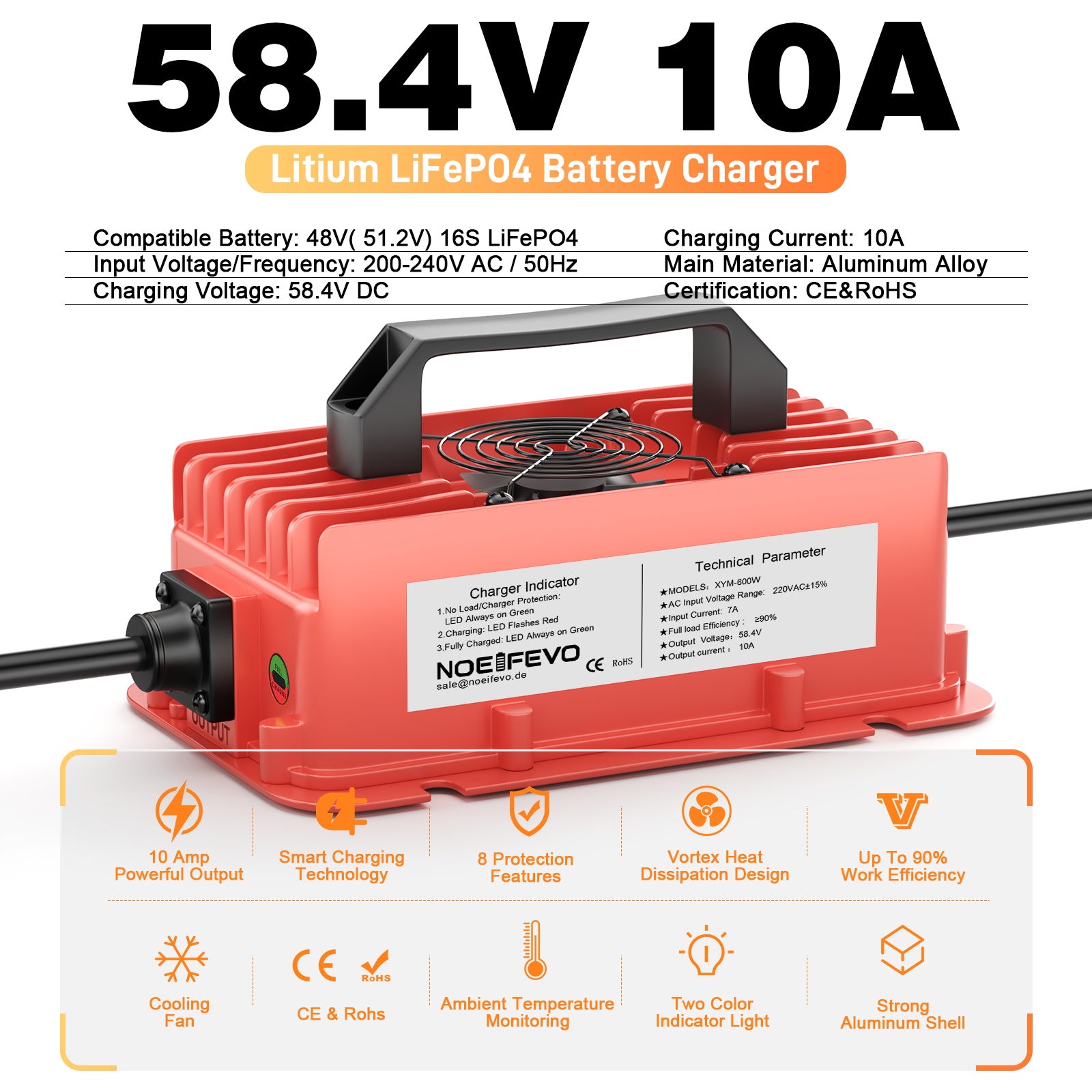 NOEIFEVO 58.4V 10A Lithium LiFePO4 Akku-Ladegerät für 51.2V(48V) 16S Akku, Wasserdicht, automatische Abschaltung mit Vollschutz