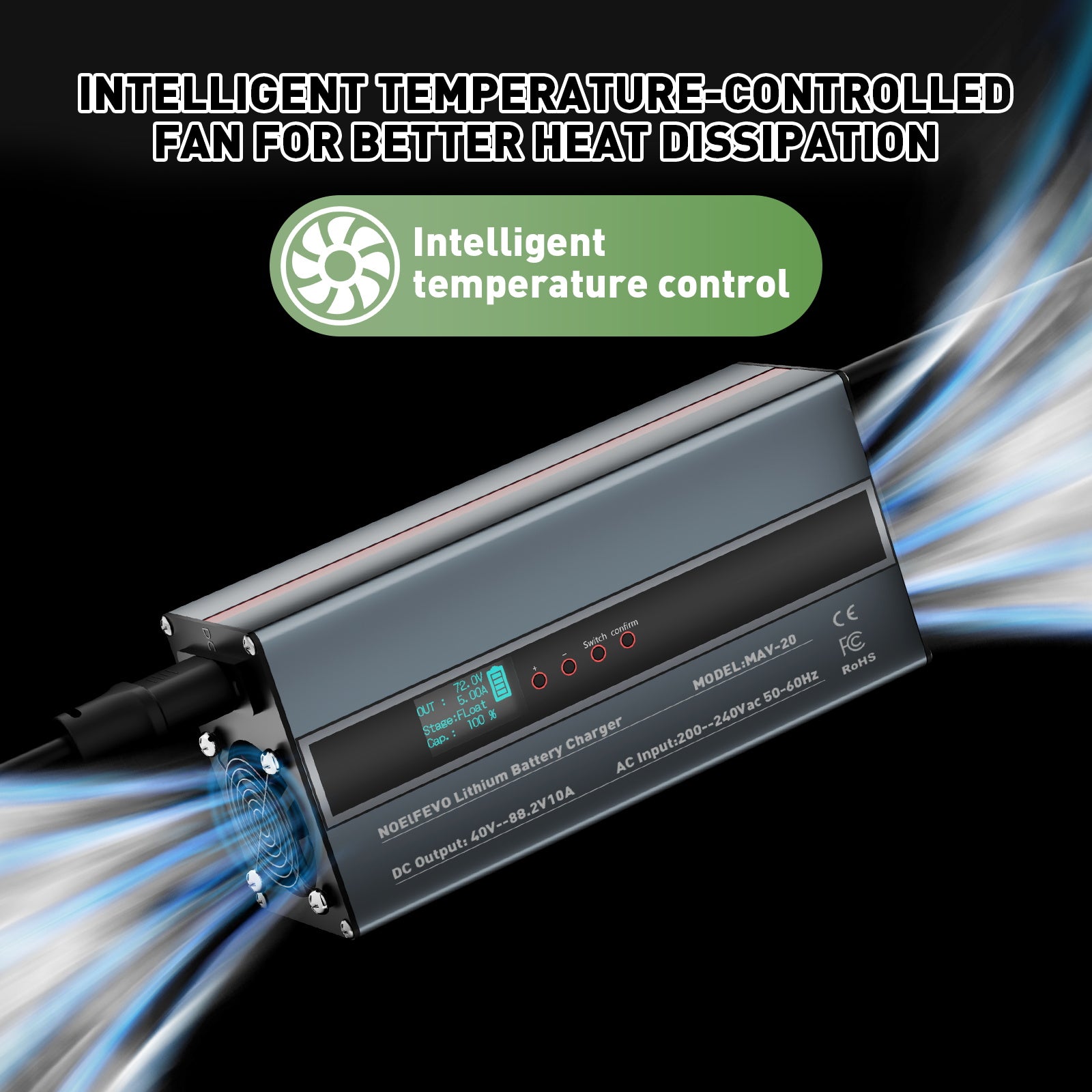 NOEIFEVO 2-10A Strom 42V-88,2V Spannung Einstellbar Li-Ion LiFePO4 Lithium-Ladegerät Für 36V 48V 60V 72V 74V Batterie（2025 Aktualisierte Version）