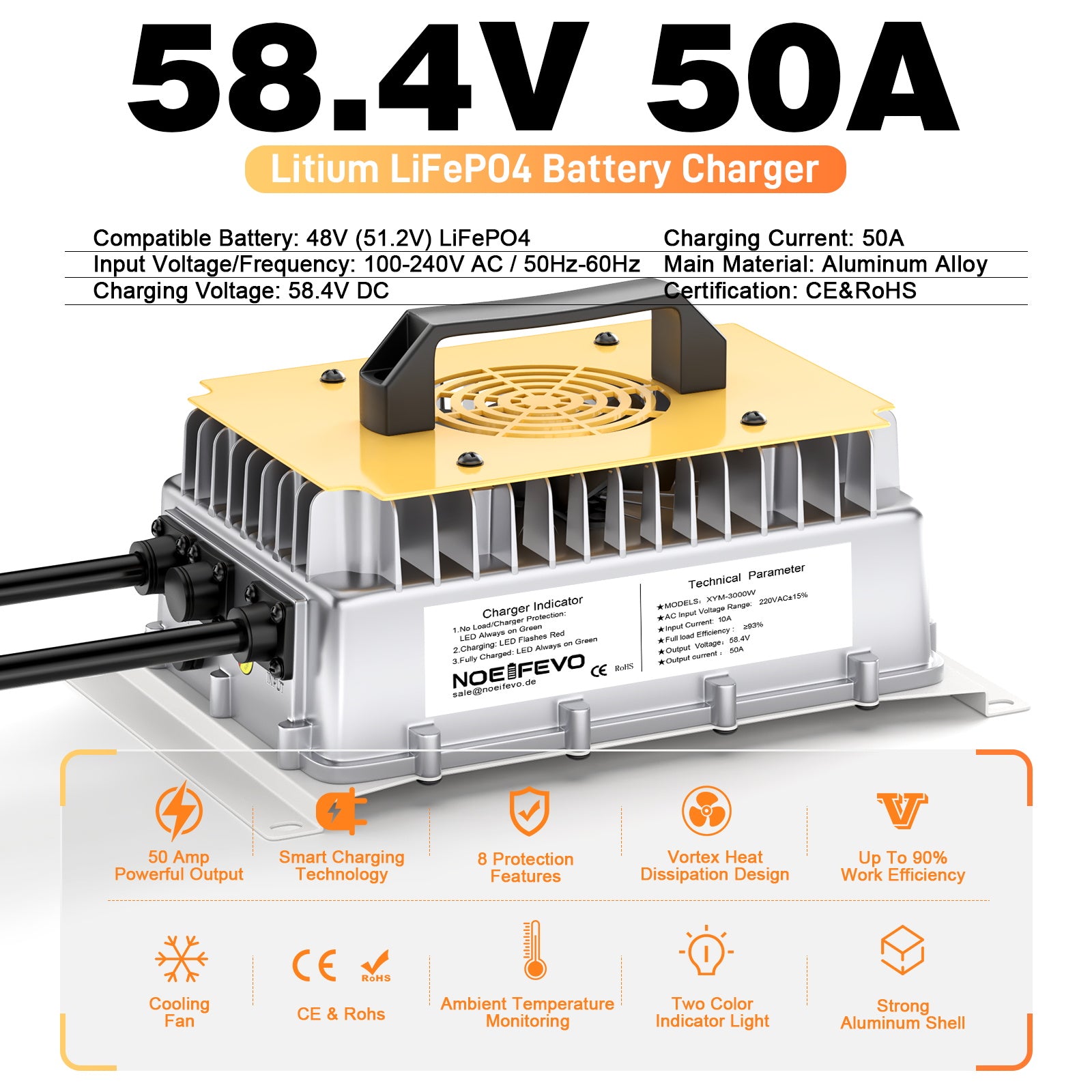 NOEIFEVO 58.4V 50A LiFePO4 Akku Ladegerät für 51.2V(48V) 16S LiFePO4 Batterie, wasserdicht, 0V BMS Aktiviert