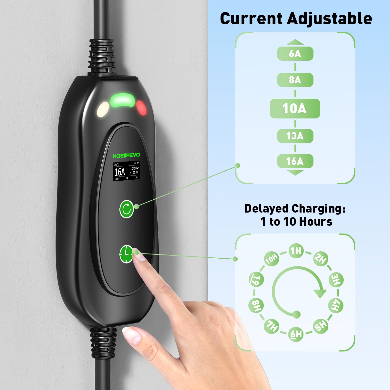 NOEIFEVO 11kW 3-Phasen Typ2 Mobile Wallbox mit EU-Reiseadapter (CEE32/CEE16A/Schuko/Type2 Stecker), 6-16 A Einstellbarer Ladestrom, 1-10 Stunden Verzögerungs-Ladung, CEE 16A auf Typ2 Tragbarer EV-Ladegerät Für alle Typ2 EV & PHEV