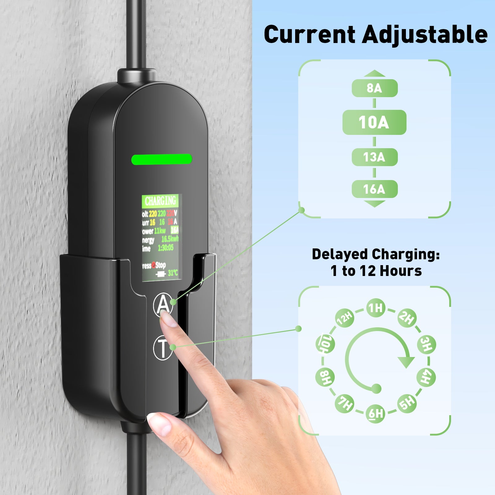 NOEIFEVO Typ2 Mobile Wallbox/Ladestation 11 kW 3-Phasen, 8-16 A Einstellbarer Ladestrom, 1-12 Stunden Verzögerungs-Ladung, CEE 16A auf Typ2 Tragbarer EV-Ladegerät mit 5m Ladekabel, Für alle Typ2 EV & PHEV