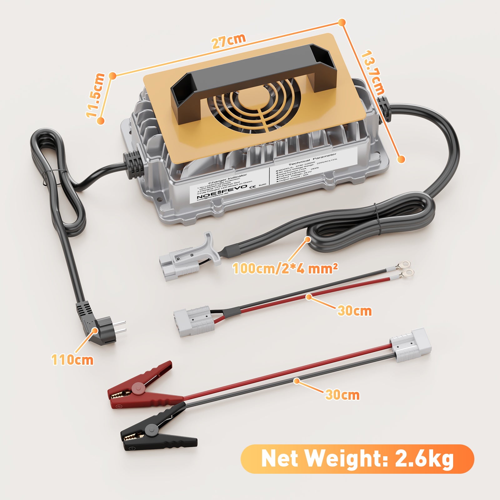 Noeifevo 29.2V 30A LiFePO4 Batterie Ladegerät für 24V 25.6V Lithium Akku, Wasserdicht, 0V BMS-Aktivierung, automatische Abschaltung