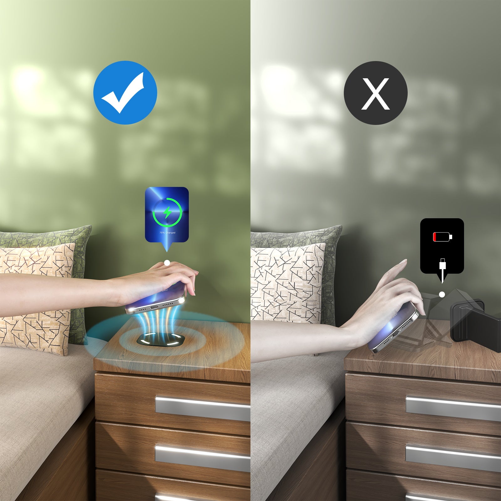 NOEIFEVO Magnetisches unsichtbares Wireless Telefon Ladegerät, 30 mm Untertisch-Ladeunterlage, Möbel Tisch Nachttisch Desktop-Ladestation für iPhone 15/14/13/12/11/Samsung/LG/Google