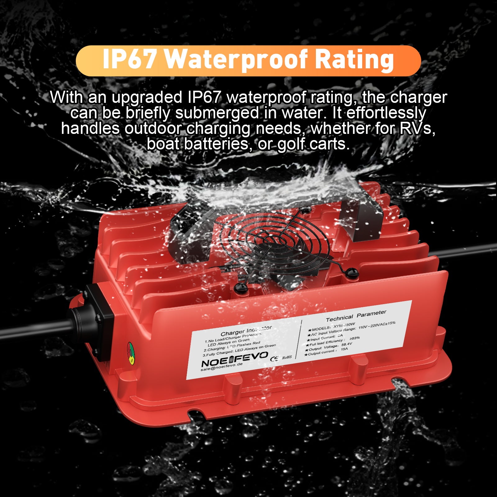 NOEIFEVO 58.4V 15A Wasserdicht LiFePO4 Akku-Ladegerät für 51.2V(48V) 16S LiFePO4 Akku