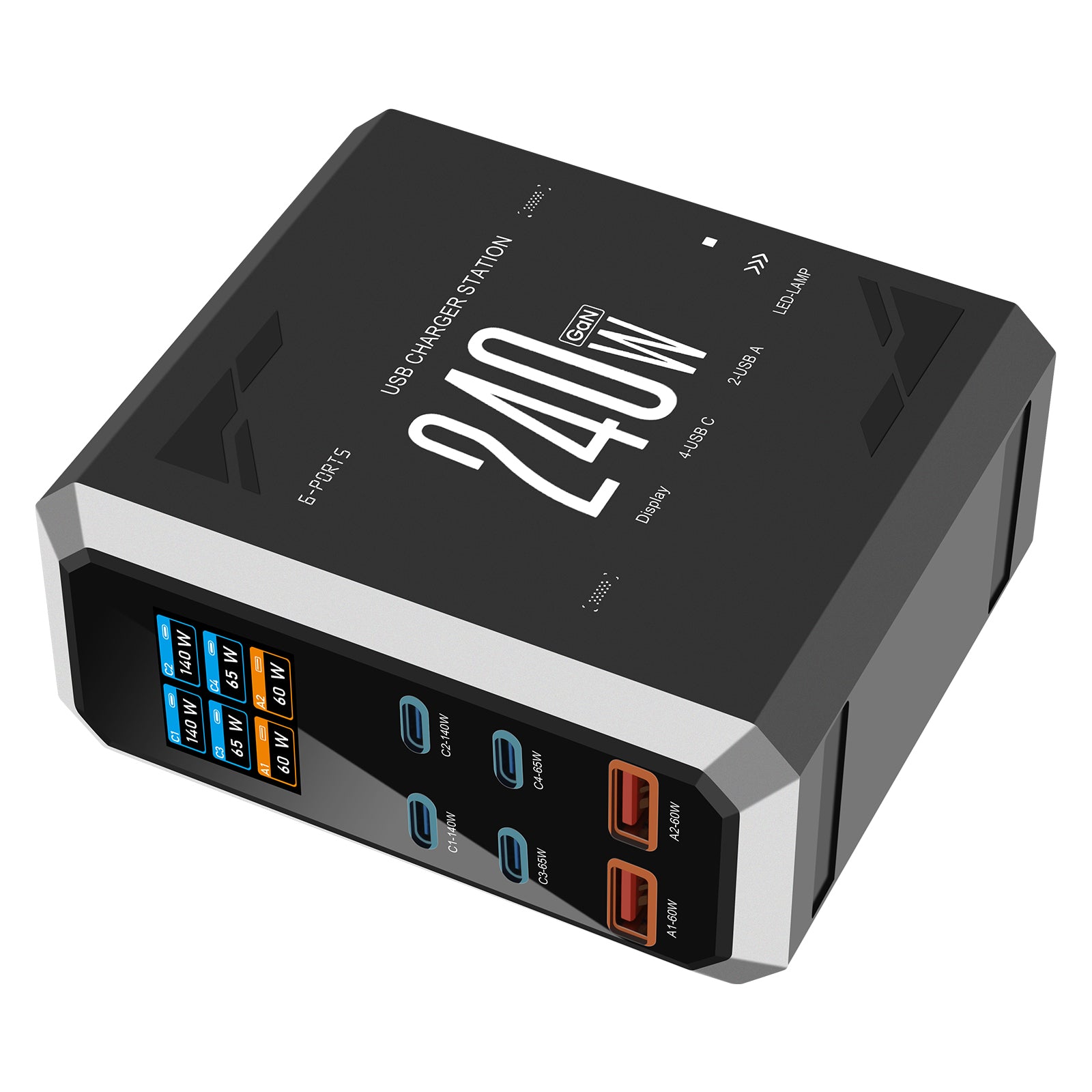 NOEIFEVO 240W USB-Ladestation mit 6 Anschlüssen, PD3.1 140W USB Typ-C & PPS/PD USB Typ-A Ladegerät – Desktop-Schnellladestation kompatibel mit MacBook, Laptops, Tablets, iPhone, Samsung Smartphones