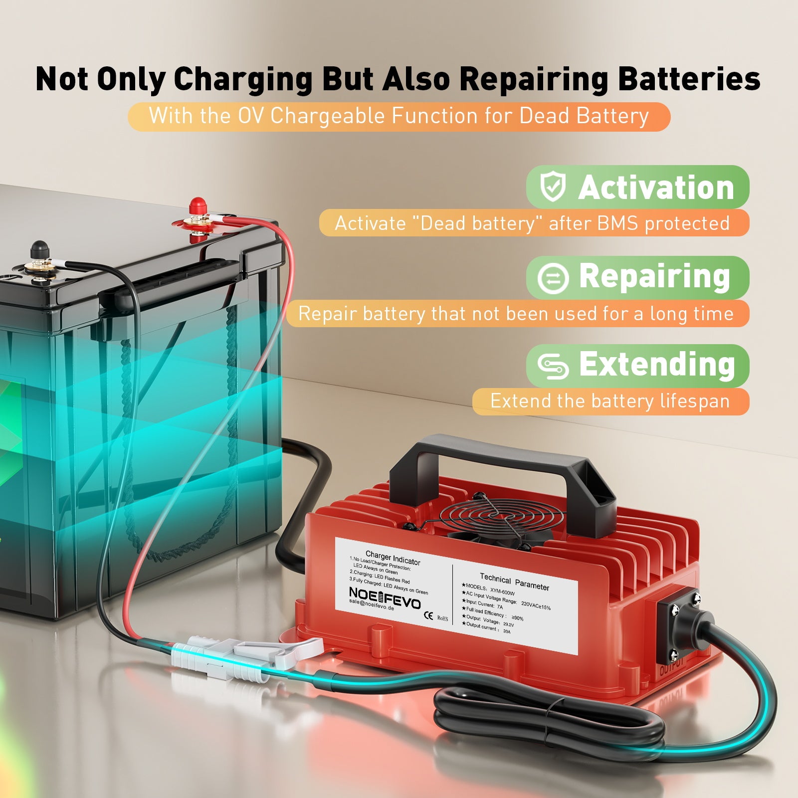 NOEIFEVO 29.2V 20A Wasserdicht LiFePO4 Akku-Ladegerät für 25.6V(24V) 8S Lithium Akku,0 V BMS-Aktivierung, mit Vollschutz