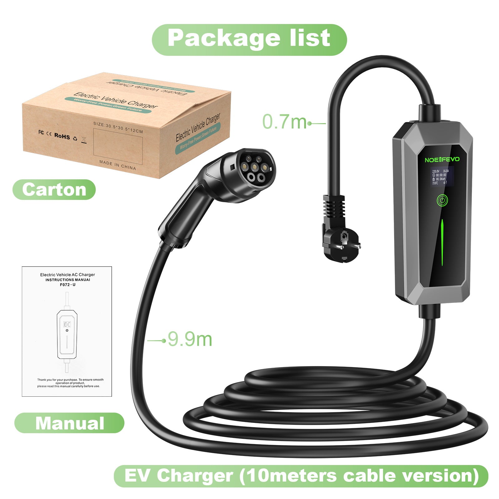 NOEIFEVO Typ 2 3.5 kW EV-Ladegerät, mobiles EV-Ladekabel mit Schuko, 5M/10M Ladekabel, Regenfest, Außeneinsatz