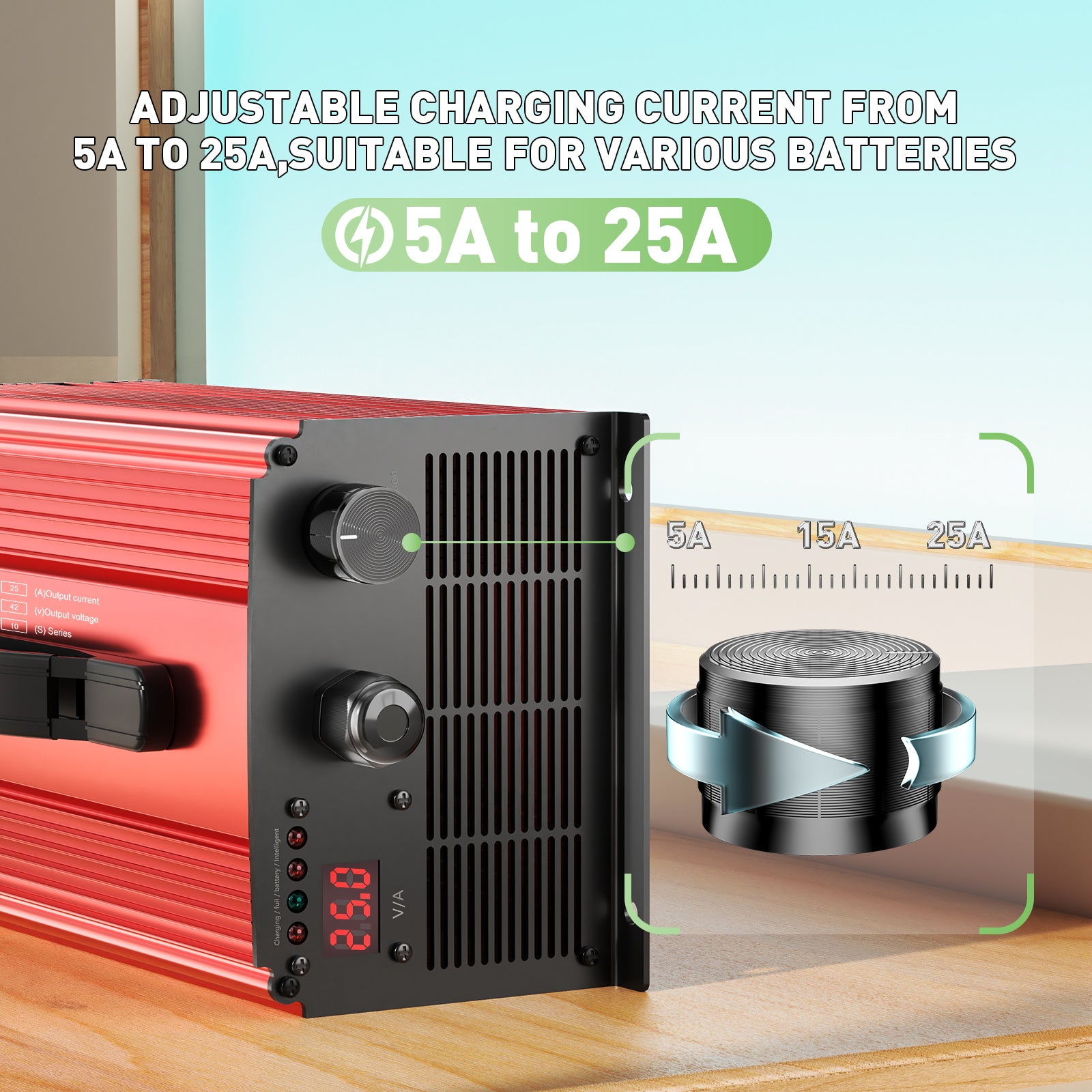 NOEIFEVO 42V 25A Lithium-Batterieladegerät für 37V (36V) 10S Lithium-Li-Ionen-Lipo-Batterie, LCD-Display, Strom einstellbar, Ladegerät für E-Bike, Roller, Elektromotorrad