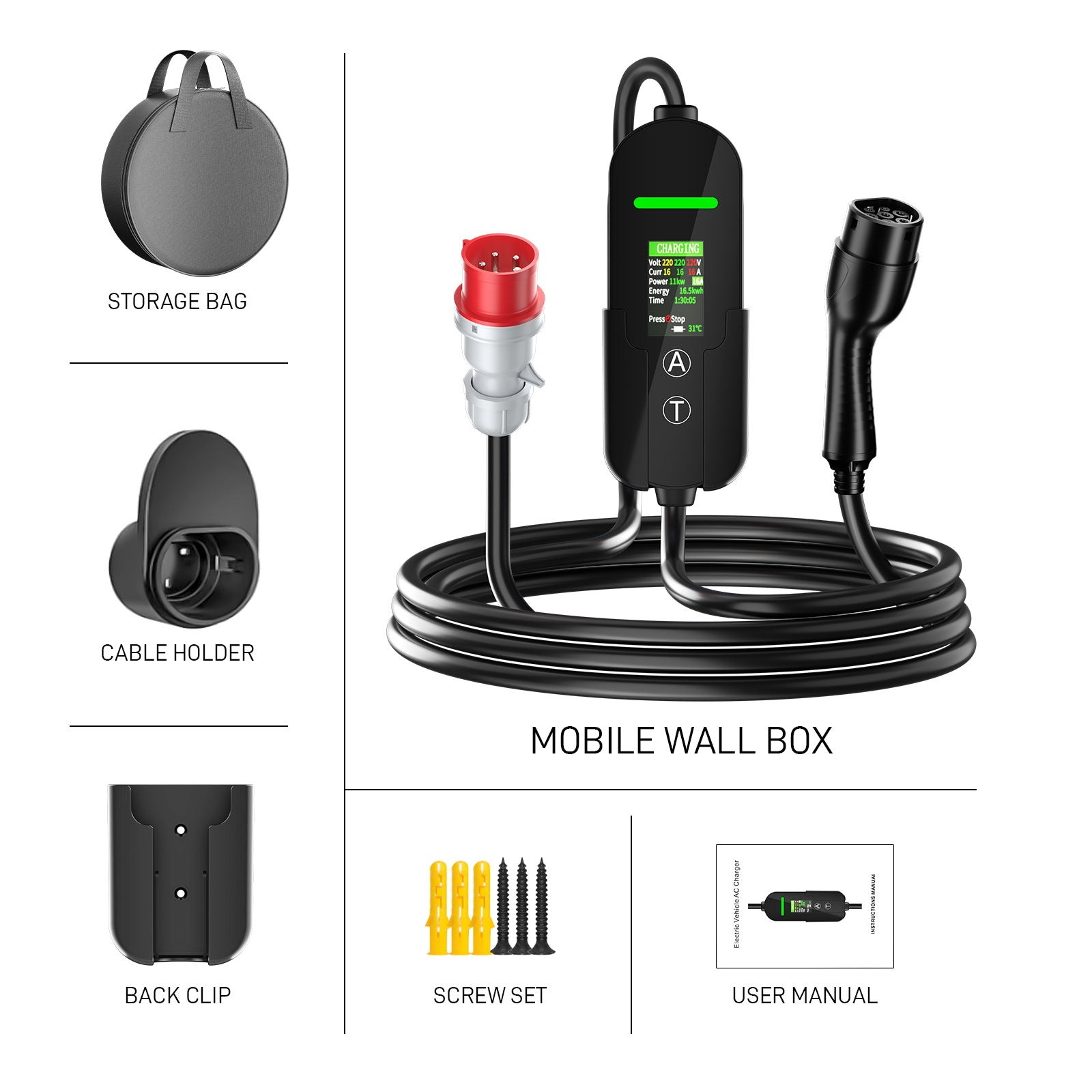 NOEIFEVO Typ2 Mobile Wallbox/Ladestation 11 kW 3-Phasen, 8-16 A Einstellbarer Ladestrom, 1-12 Stunden Verzögerungs-Ladung, CEE 16A auf Typ2 Tragbarer EV-Ladegerät mit 5m Ladekabel, Für alle Typ2 EV & PHEV