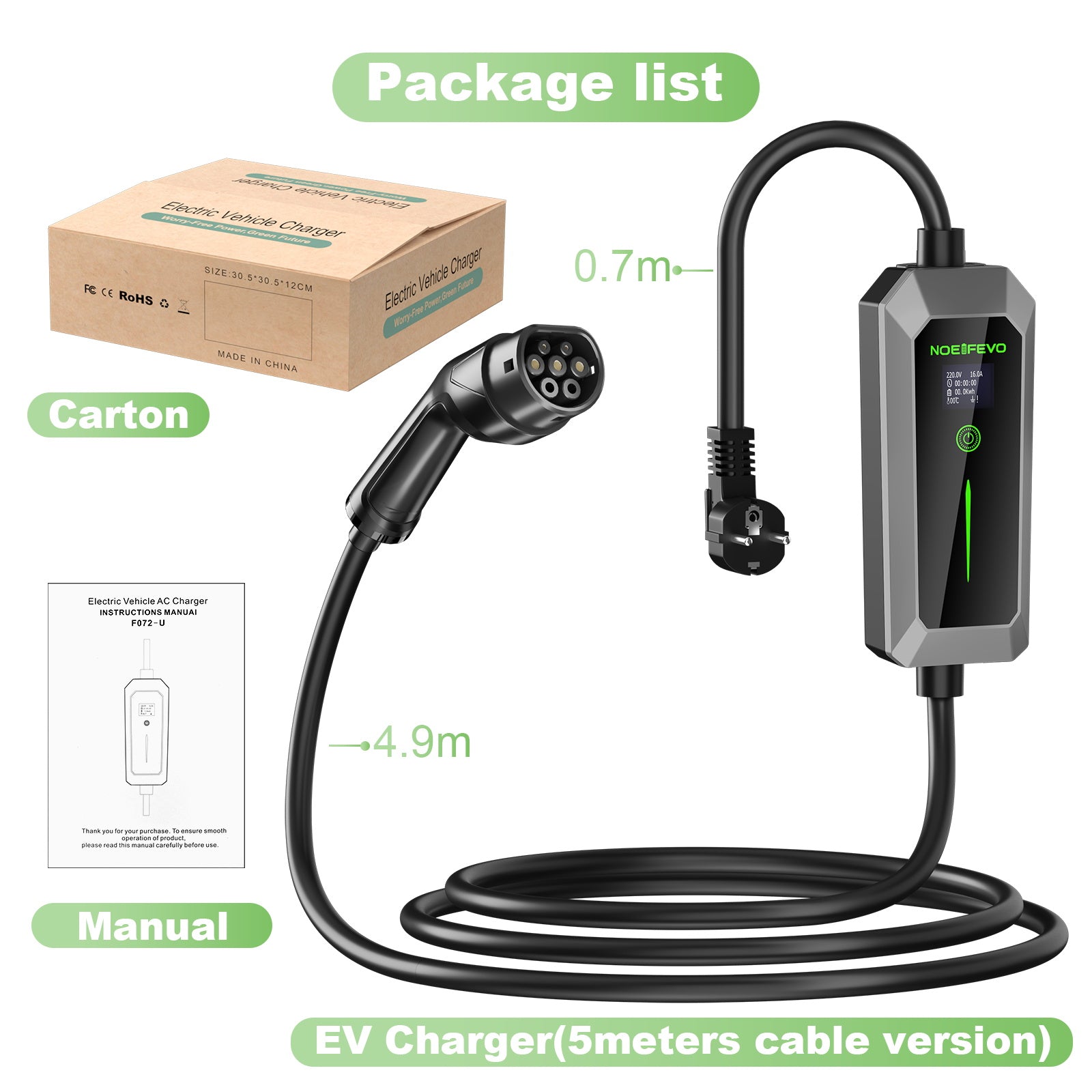 NOEIFEVO Typ 2 3.5 kW EV-Ladegerät, mobiles EV-Ladekabel mit Schuko, 5M/10M Ladekabel, Regenfest, Außeneinsatz