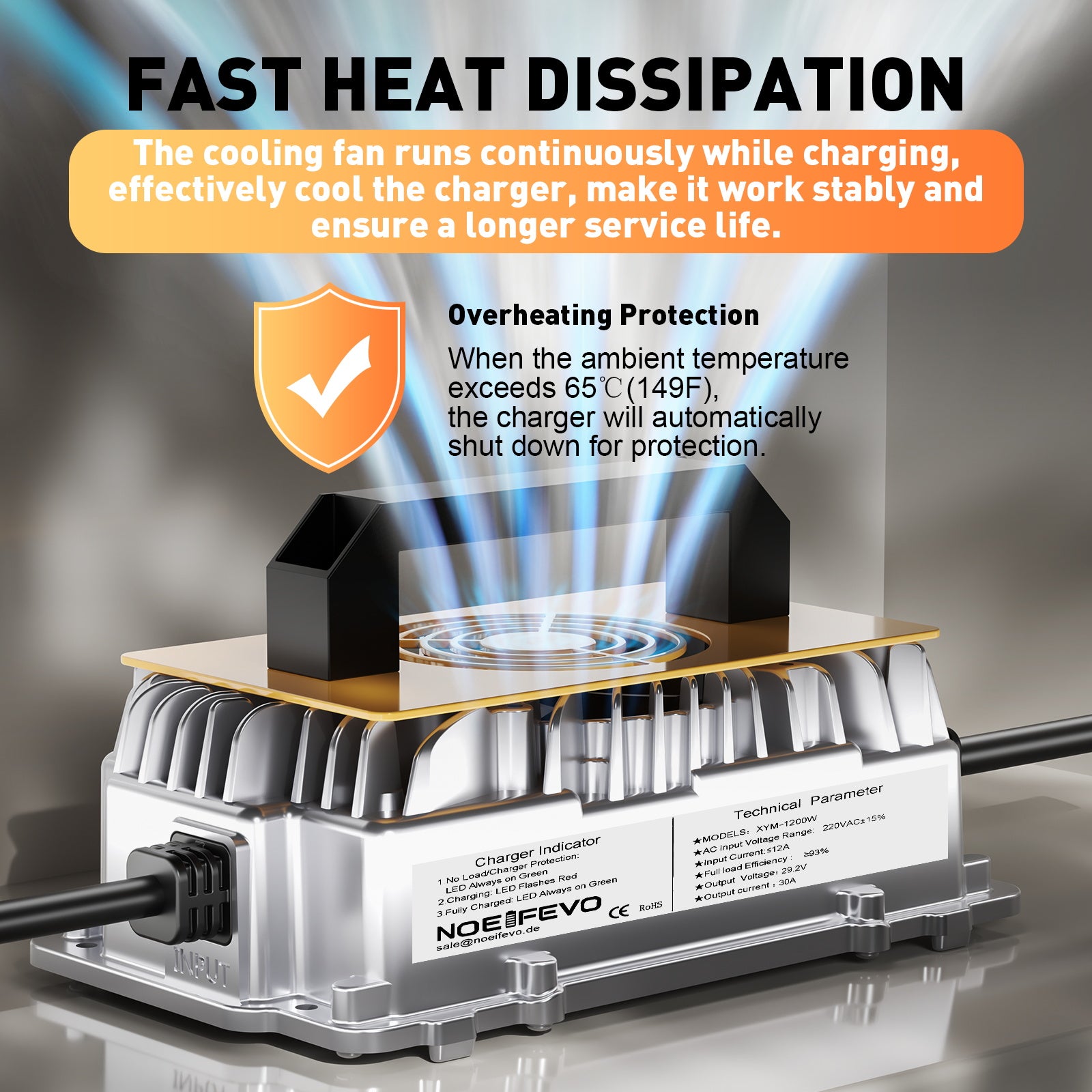 Noeifevo 29.2V 30A LiFePO4 Batterie Ladegerät für 24V 25.6V Lithium Akku, Wasserdicht, 0V BMS-Aktivierung, automatische Abschaltung