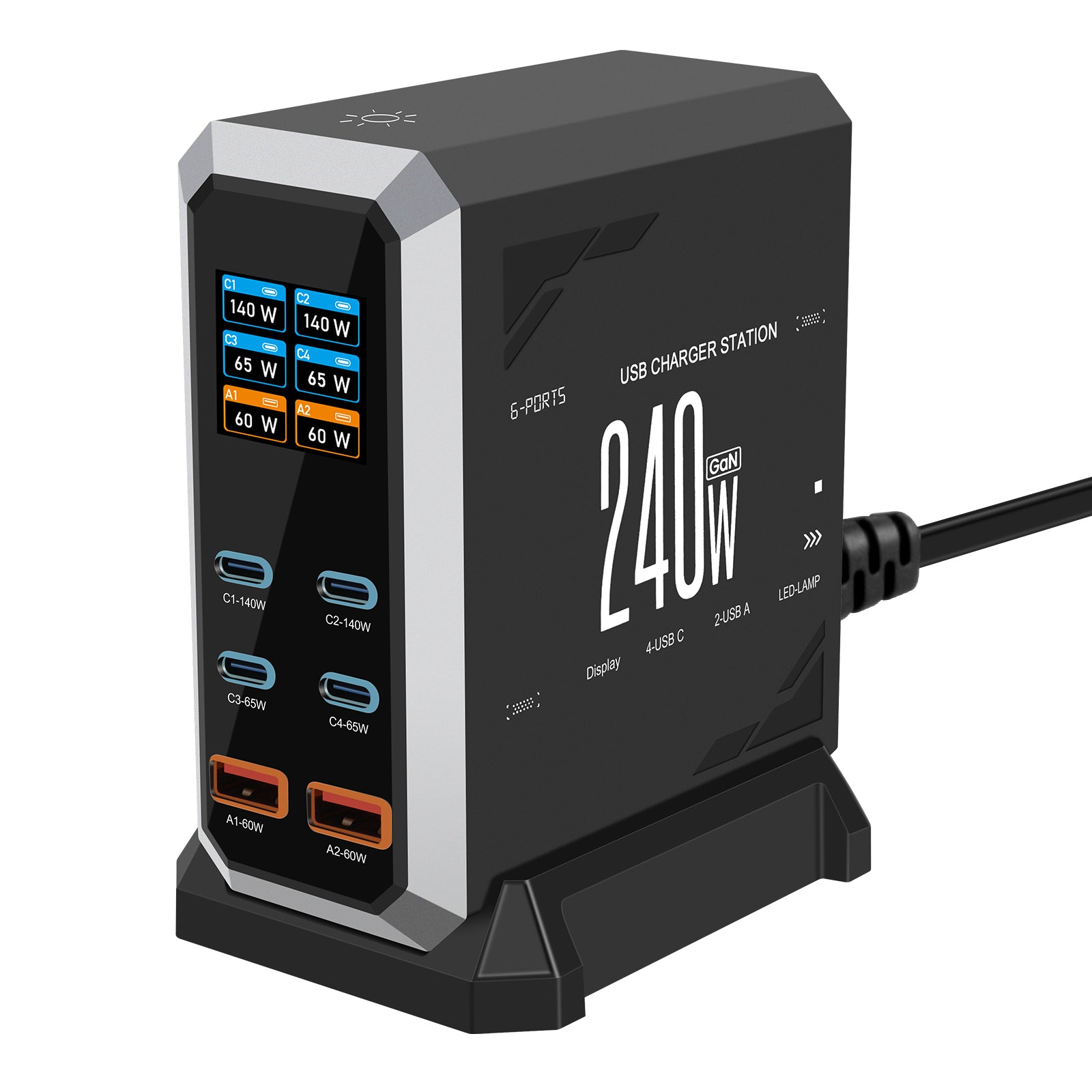 NOEIFEVO 240W USB-Ladestation mit 6 Anschlüssen, PD3.1 140W USB Typ-C & PPS/PD USB Typ-A Ladegerät – Desktop-Schnellladestation kompatibel mit MacBook, Laptops, Tablets, iPhone, Samsung Smartphones