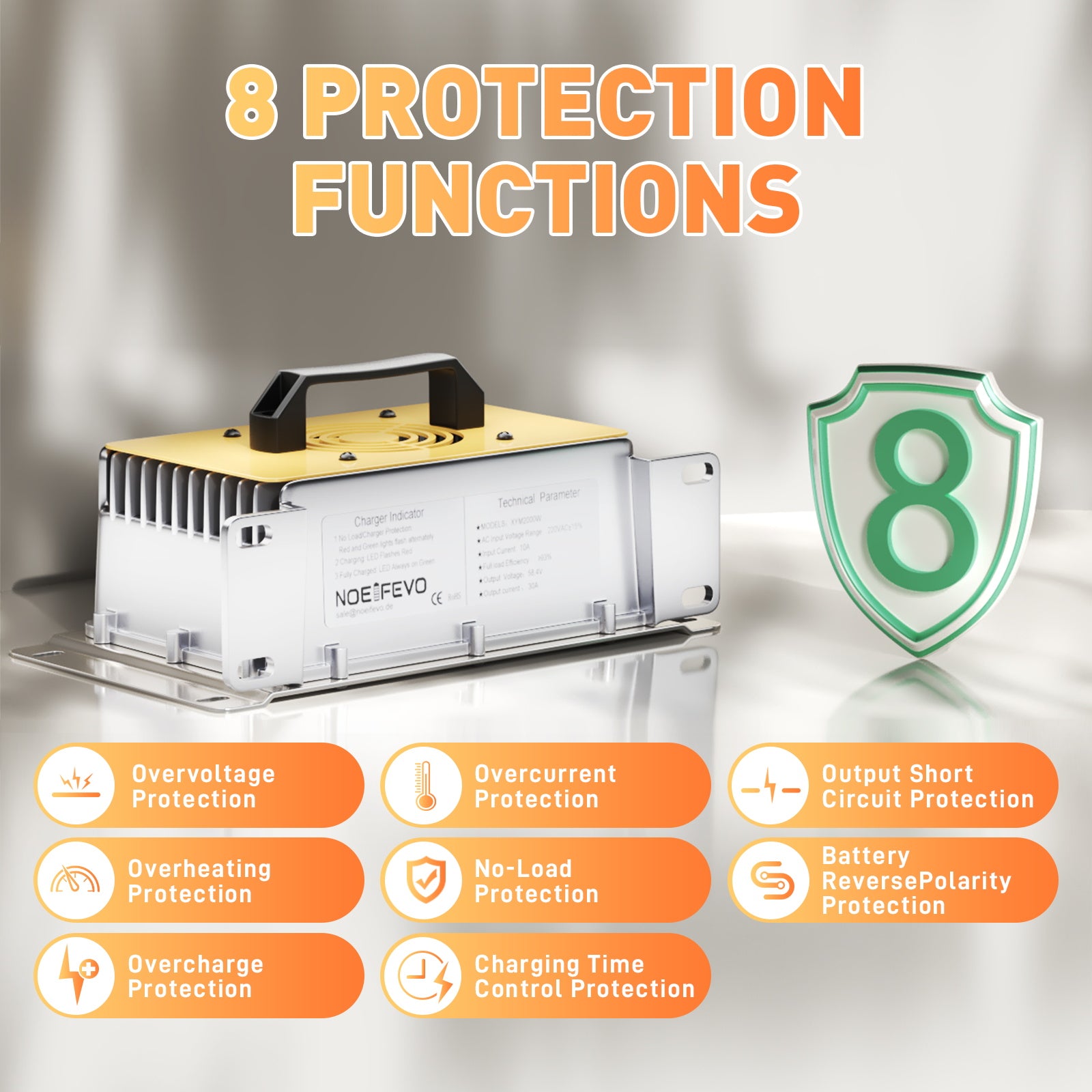 NOEIFEVO 58.4V 30A LiFePO4 Akku Ladegerät für 51.2V(48V) 16S LiFePO4 Batterie, wasserdicht, 0V BMS Aktiviert