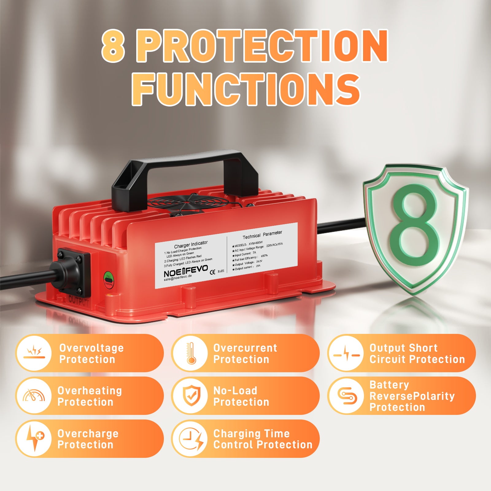 NOEIFEVO 29.2V 20A Wasserdicht LiFePO4 Akku-Ladegerät für 25.6V(24V) 8S Lithium Akku,0 V BMS-Aktivierung, mit Vollschutz