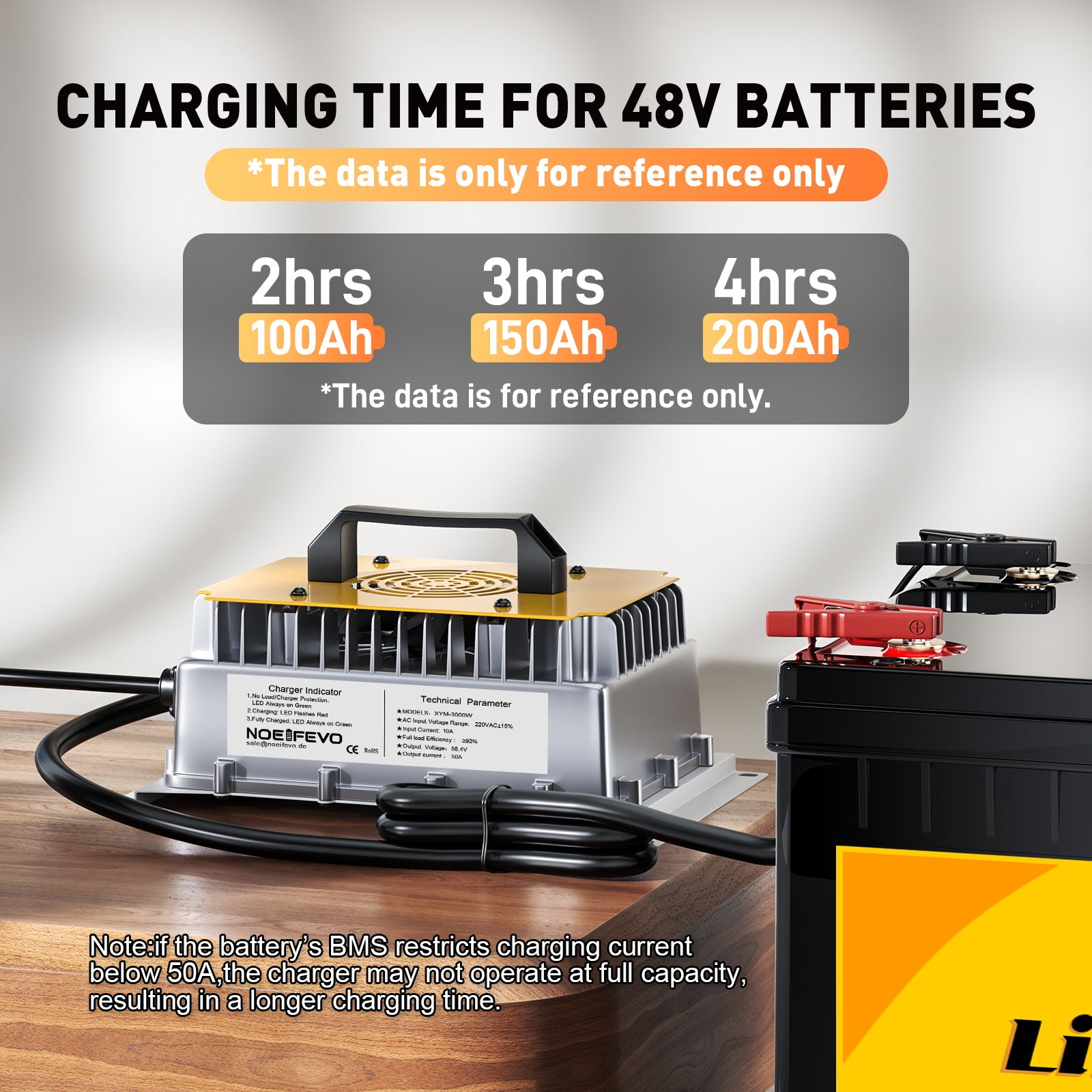 NOEIFEVO 58.4V 50A LiFePO4 Akku Ladegerät für 51.2V(48V) 16S LiFePO4 Batterie, wasserdicht, 0V BMS Aktiviert