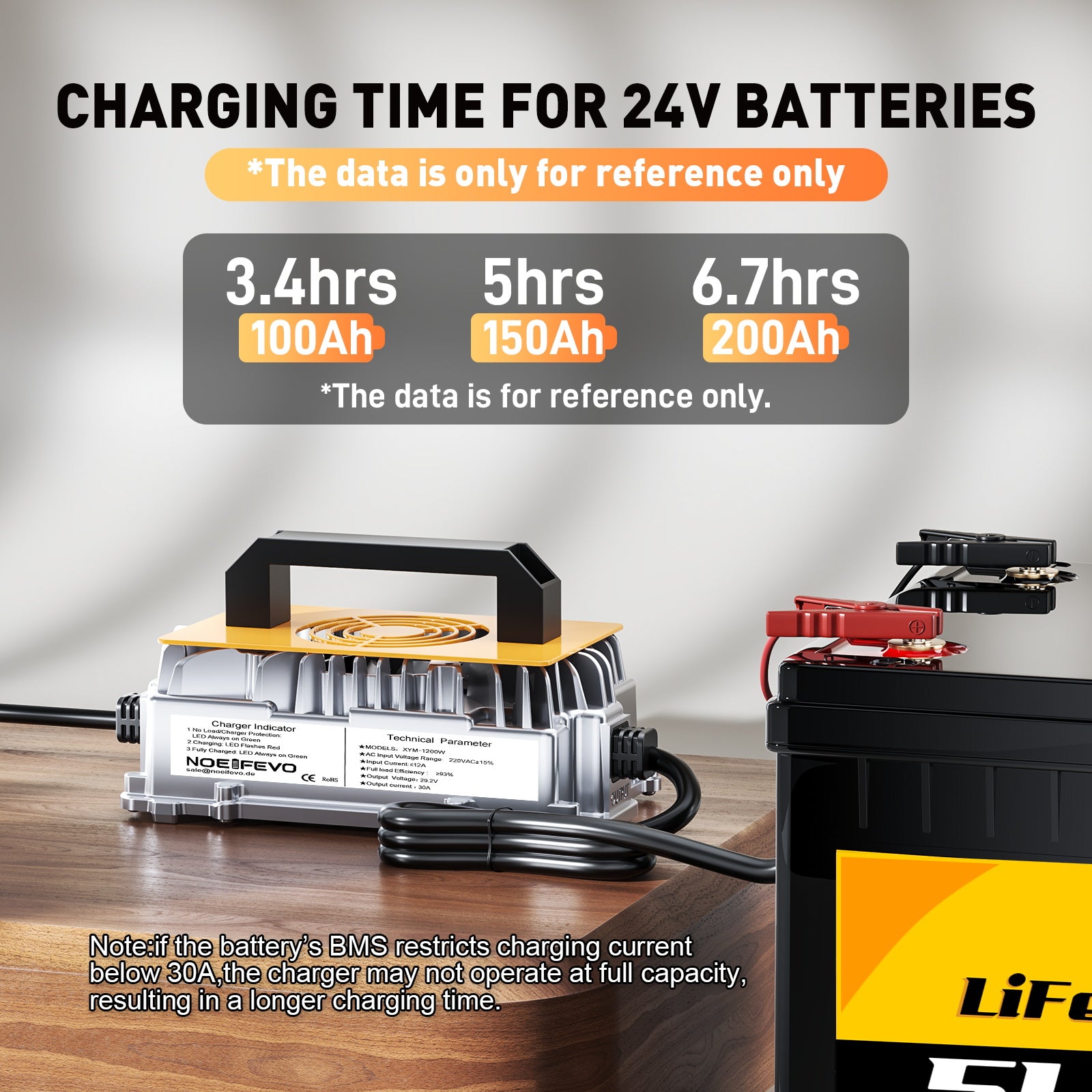 Noeifevo 29.2V 30A LiFePO4 Batterie Ladegerät für 24V 25.6V Lithium Akku, Wasserdicht, 0V BMS-Aktivierung, automatische Abschaltung