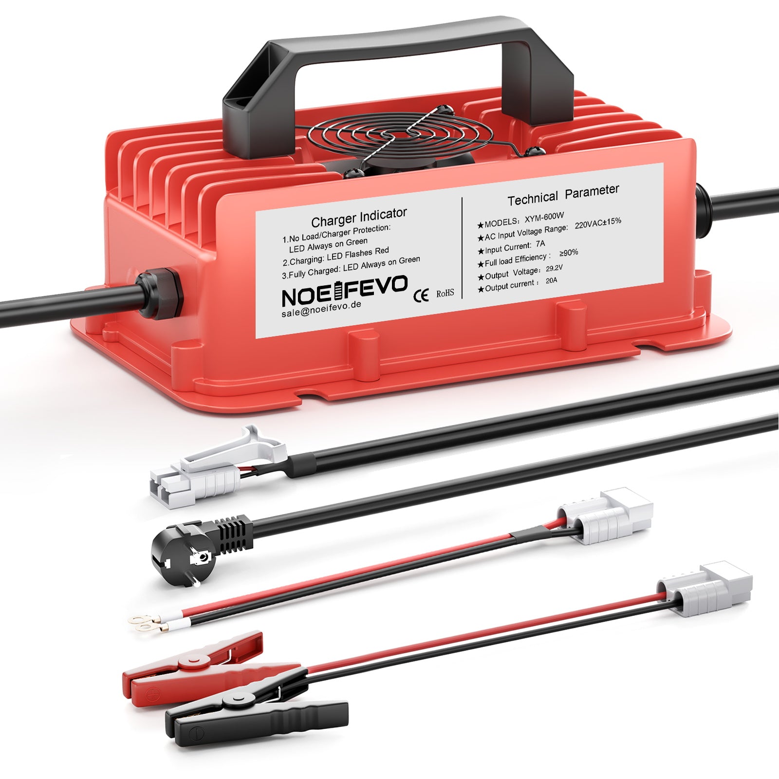 NOEIFEVO 29.2V 20A Wasserdicht LiFePO4 Akku-Ladegerät für 25.6V(24V) 8S Lithium Akku,0 V BMS-Aktivierung, mit Vollschutz